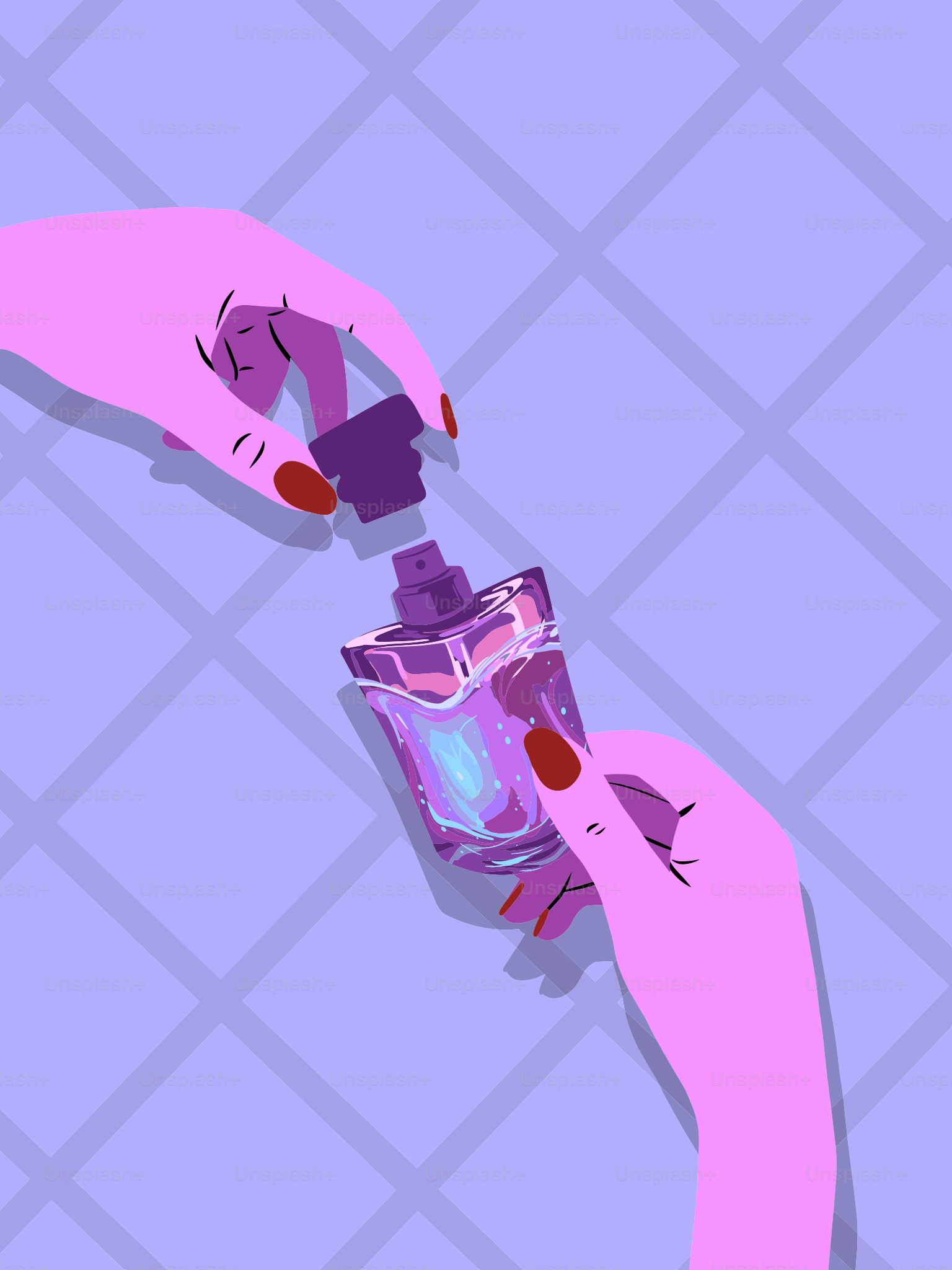 Duas mãos seguram um frasco de perfume roxo