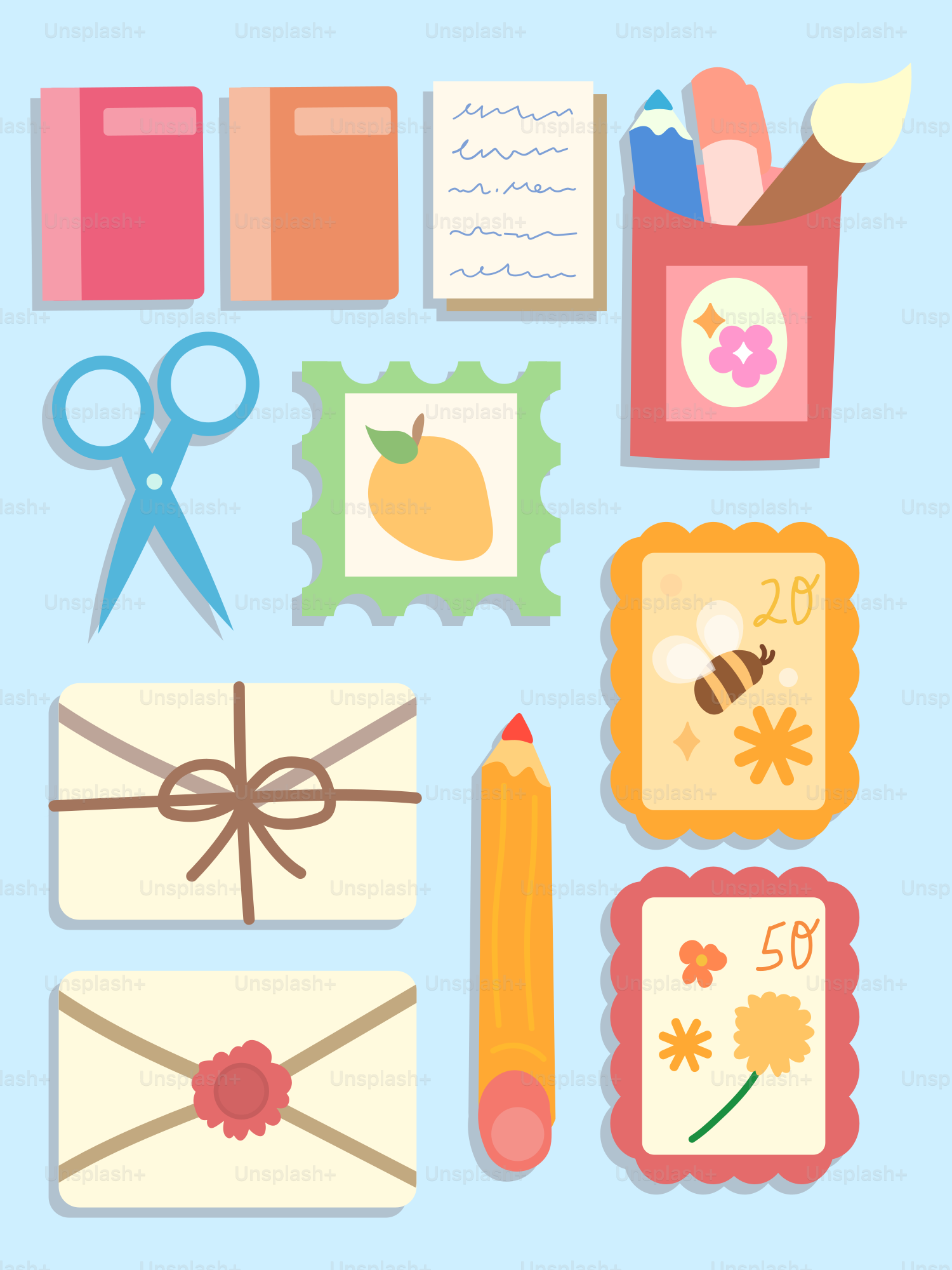 Stationery items including envelopes, stamps, and pencils.