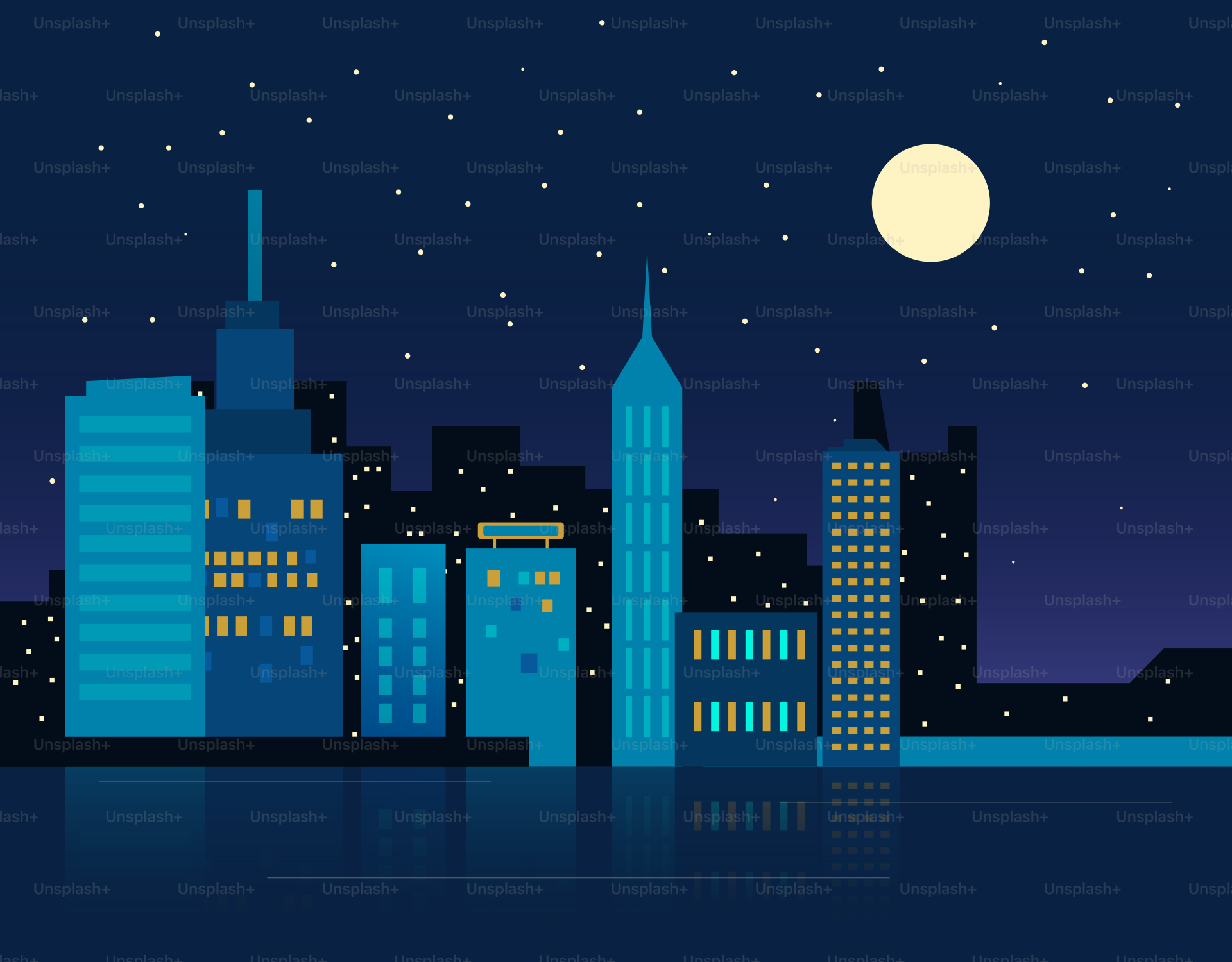 A vibrant cityscape at night with a full moon.