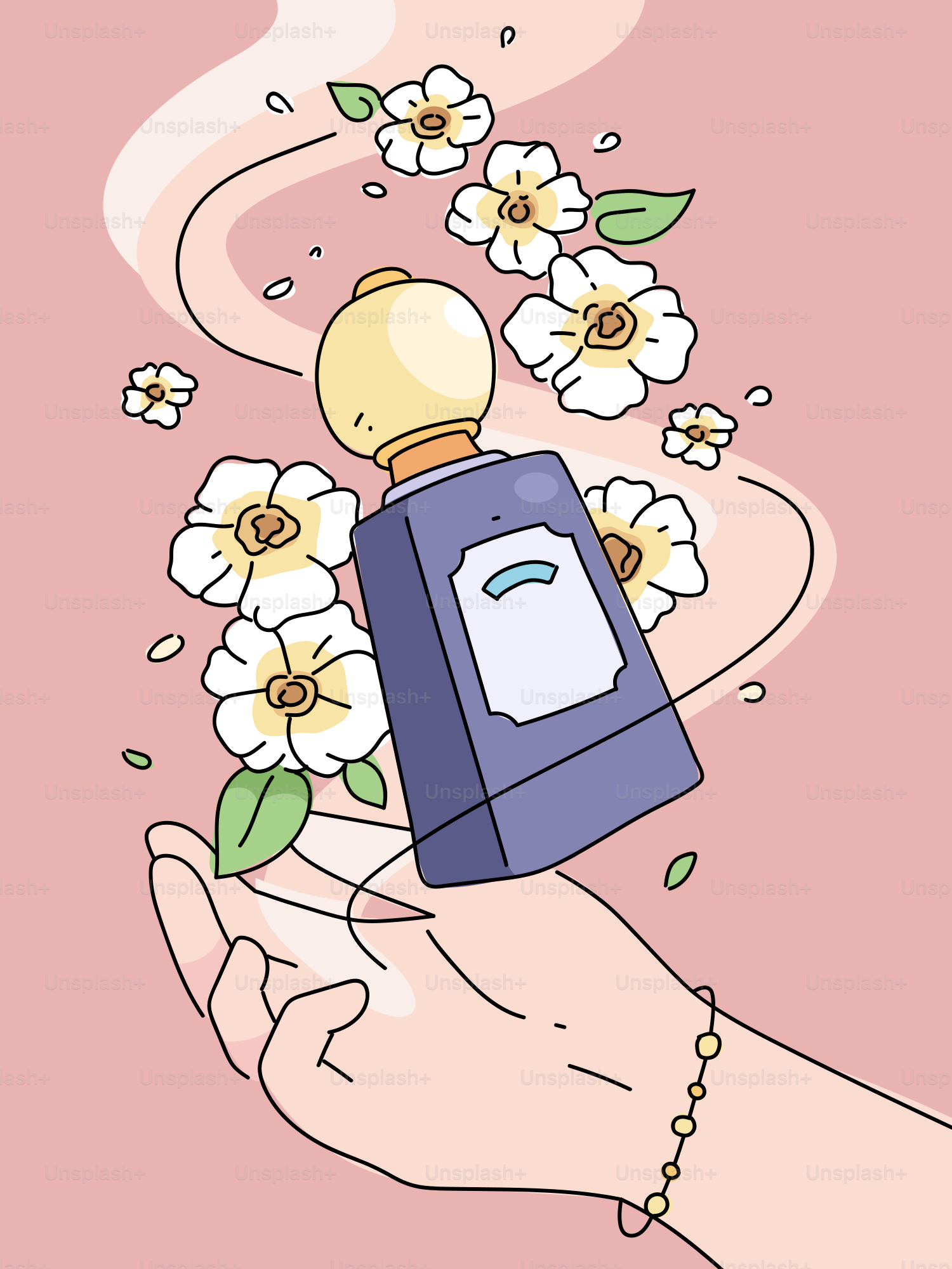 Perfume bottle floating above a hand with flowers