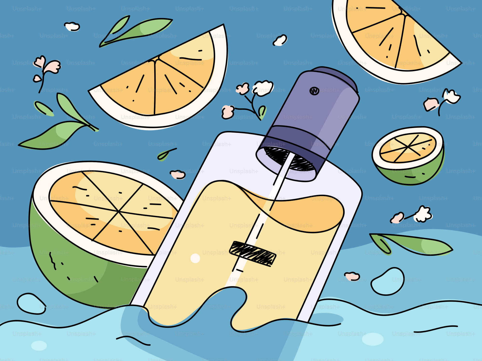 Perfume bottle with citrus fruits and water