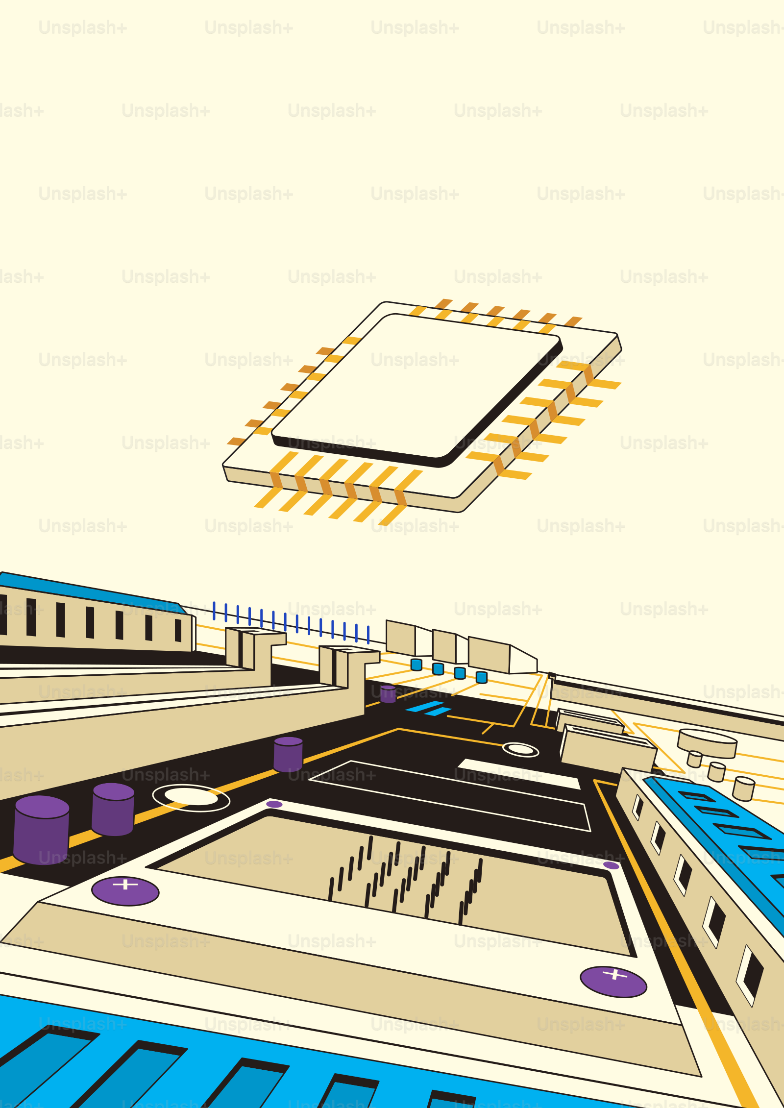 Abstract digital circuit board with floating processor chip. vector ...