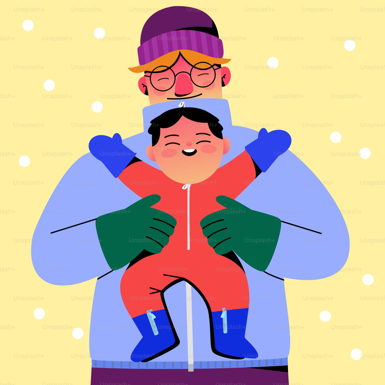 Adult holding a happy child in snowsuit