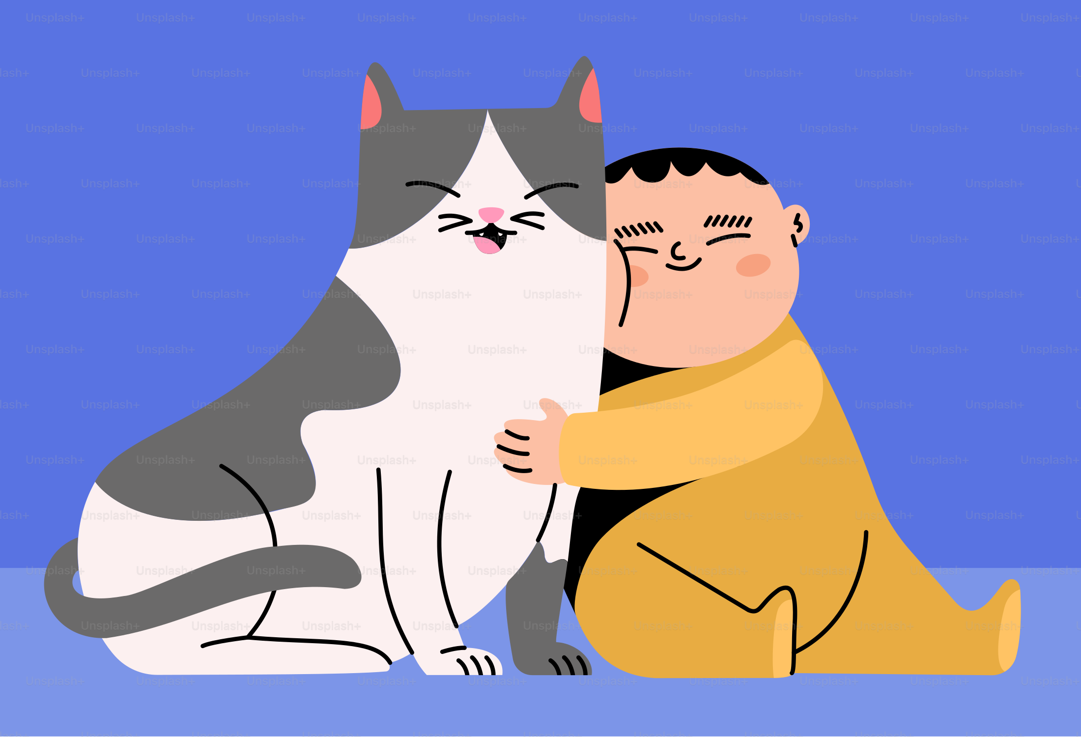 A baby hugging a happy cat