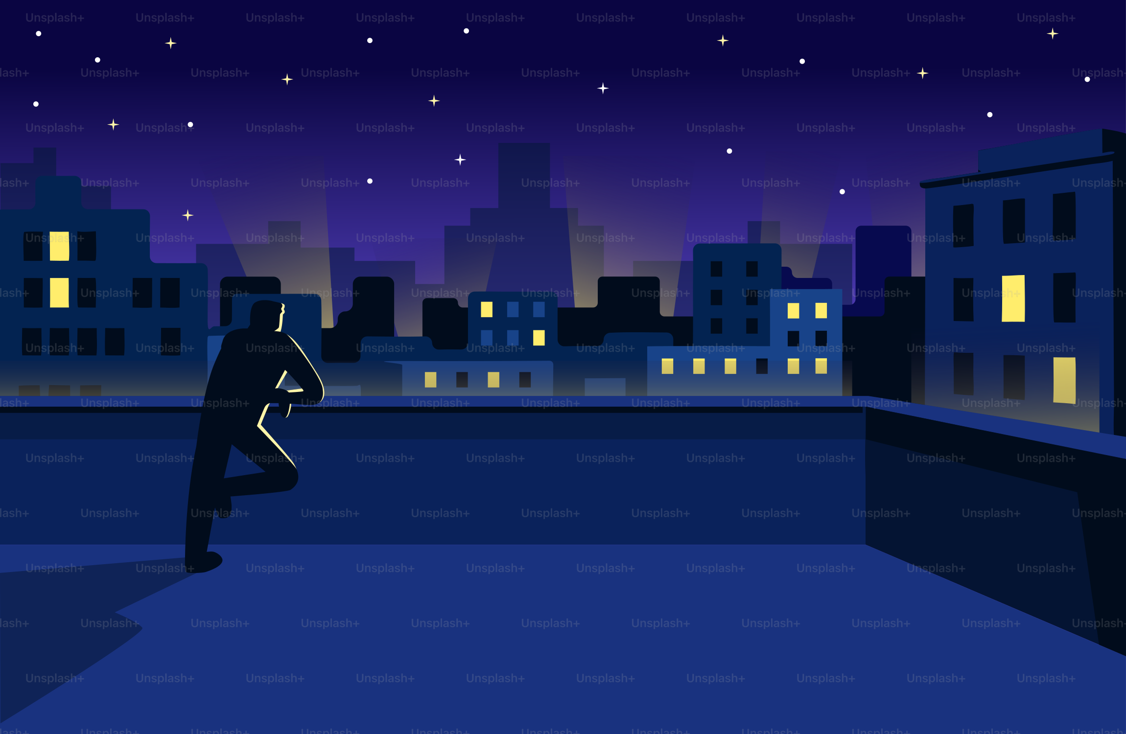 Man on rooftop overlooking city at night