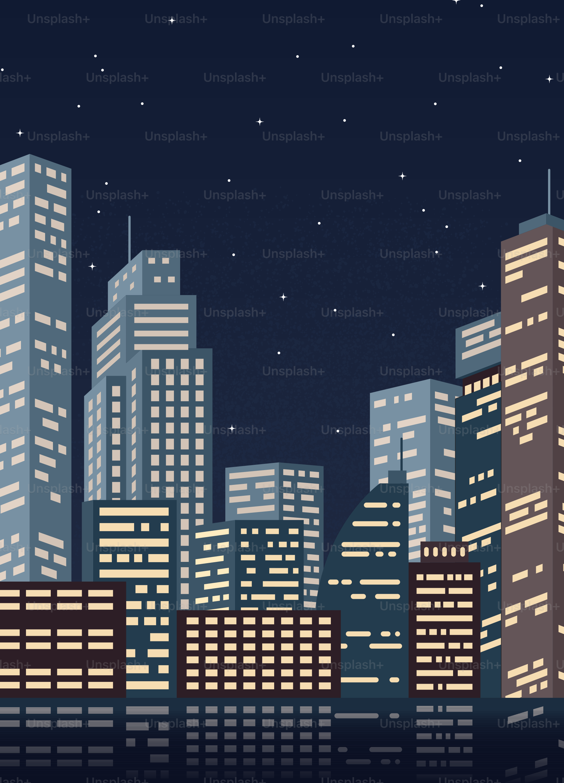 夜の現代都市のスカイラインと、輝く窓。