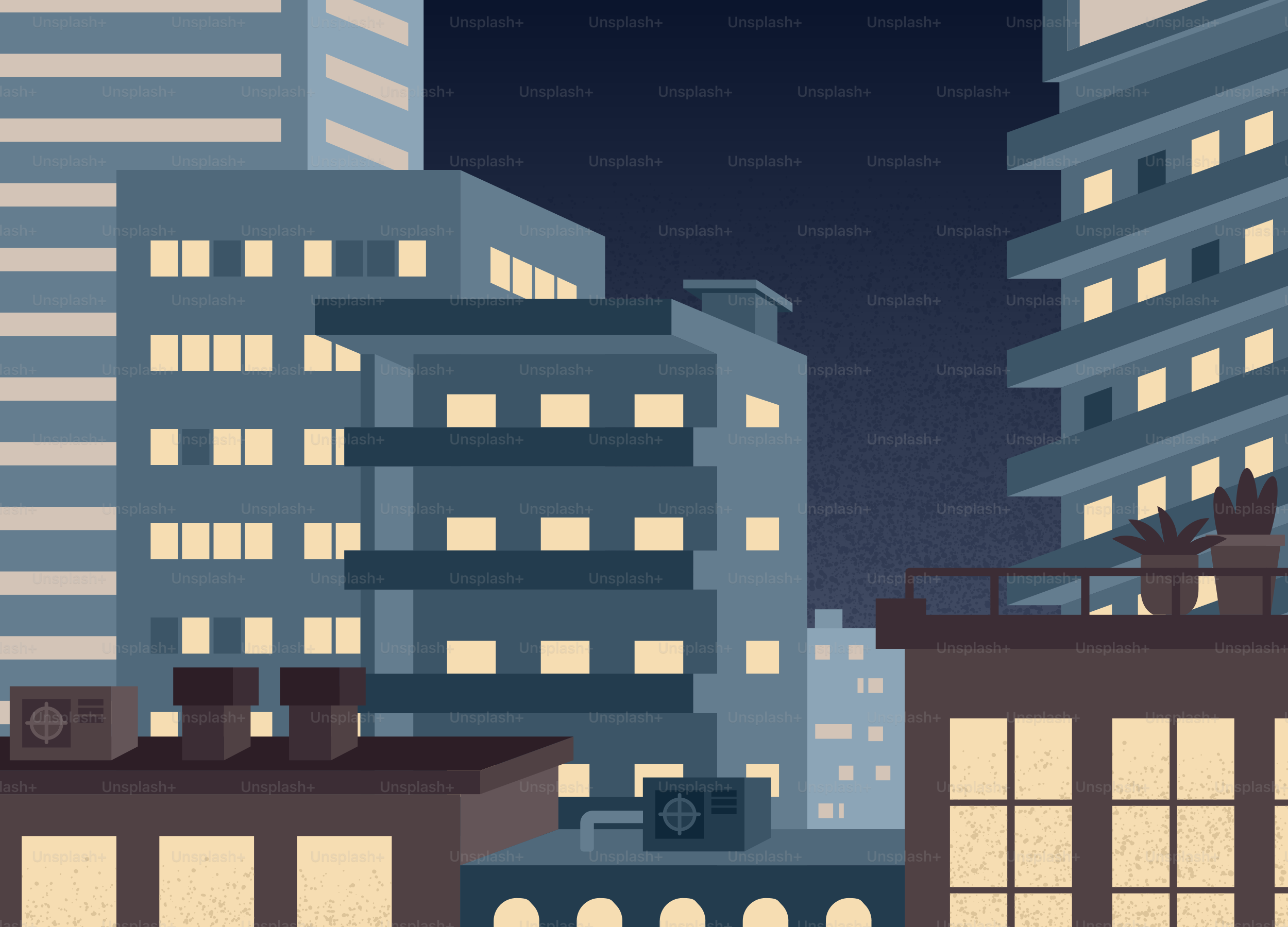 밤에 밝혀지는 현대 도시 건물들