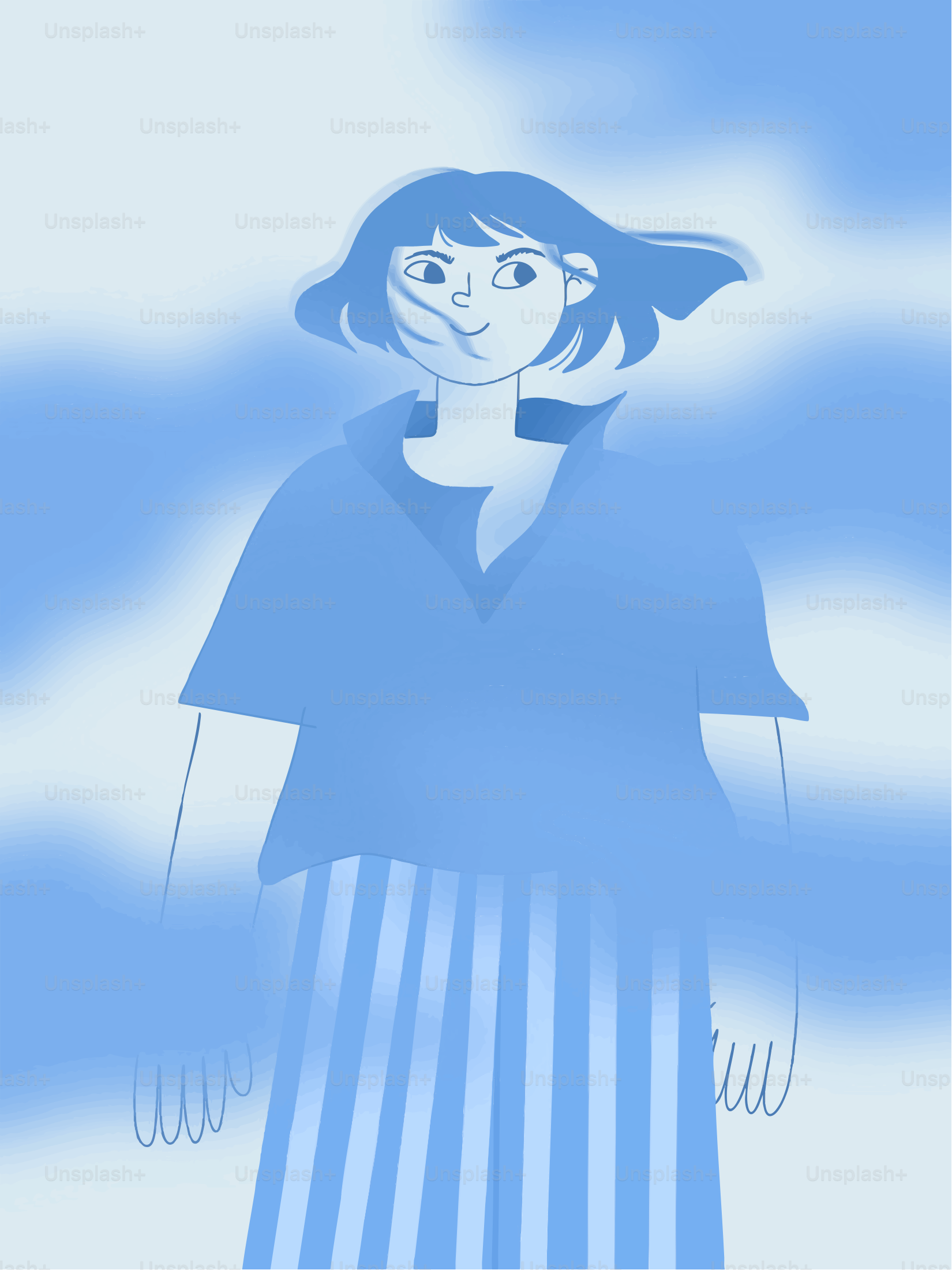 Young woman with blue hair in clouds