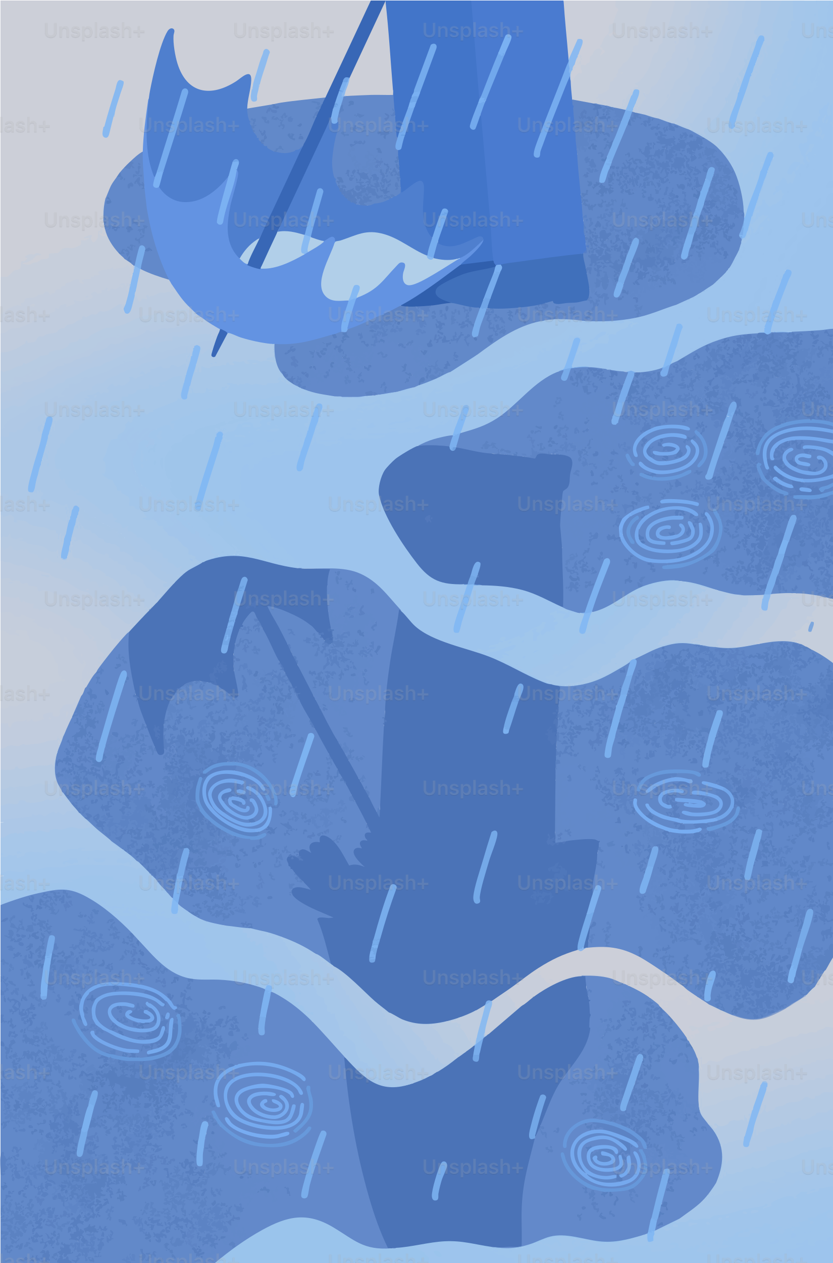 Blue umbrella casting shadows in the rain