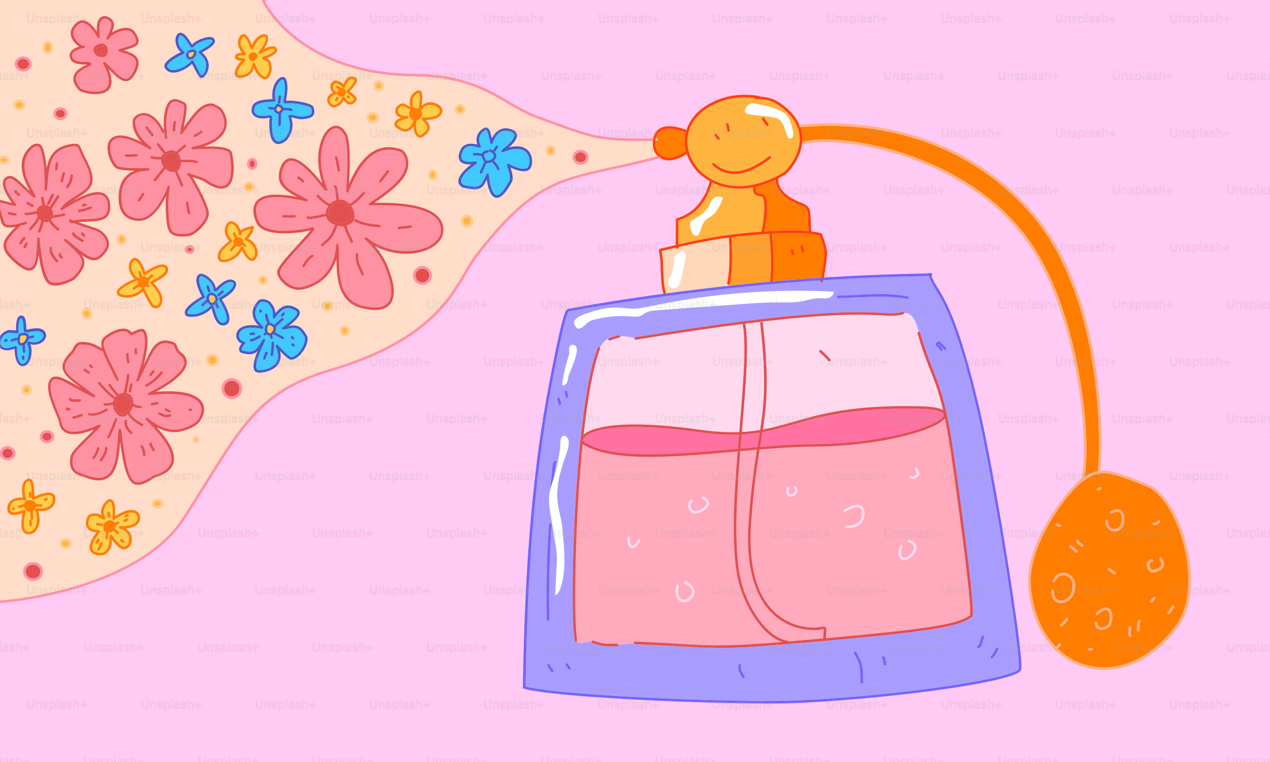 Perfume bottle spraying flowers on pink background