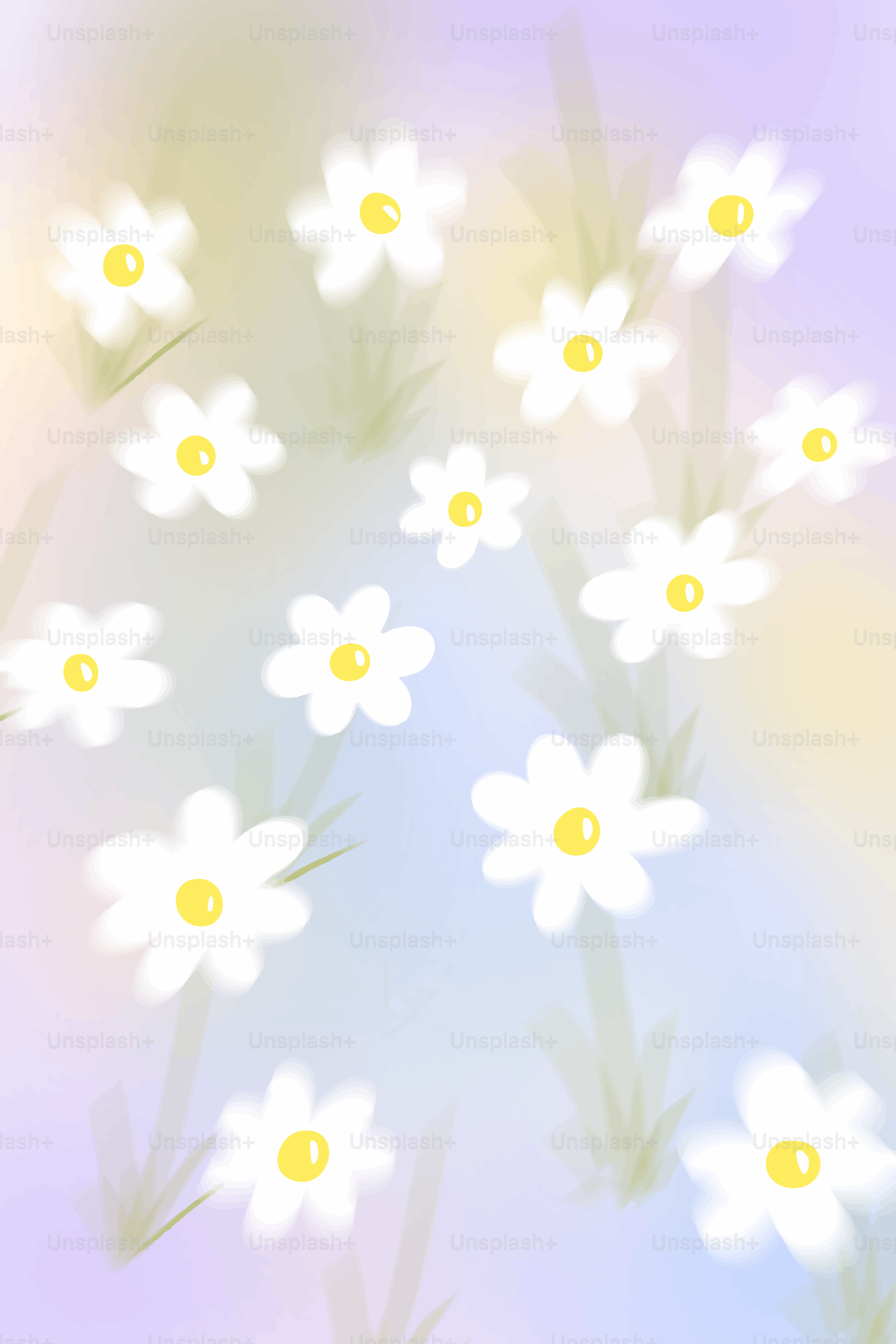 White daisies with yellow centers on a pastel background.