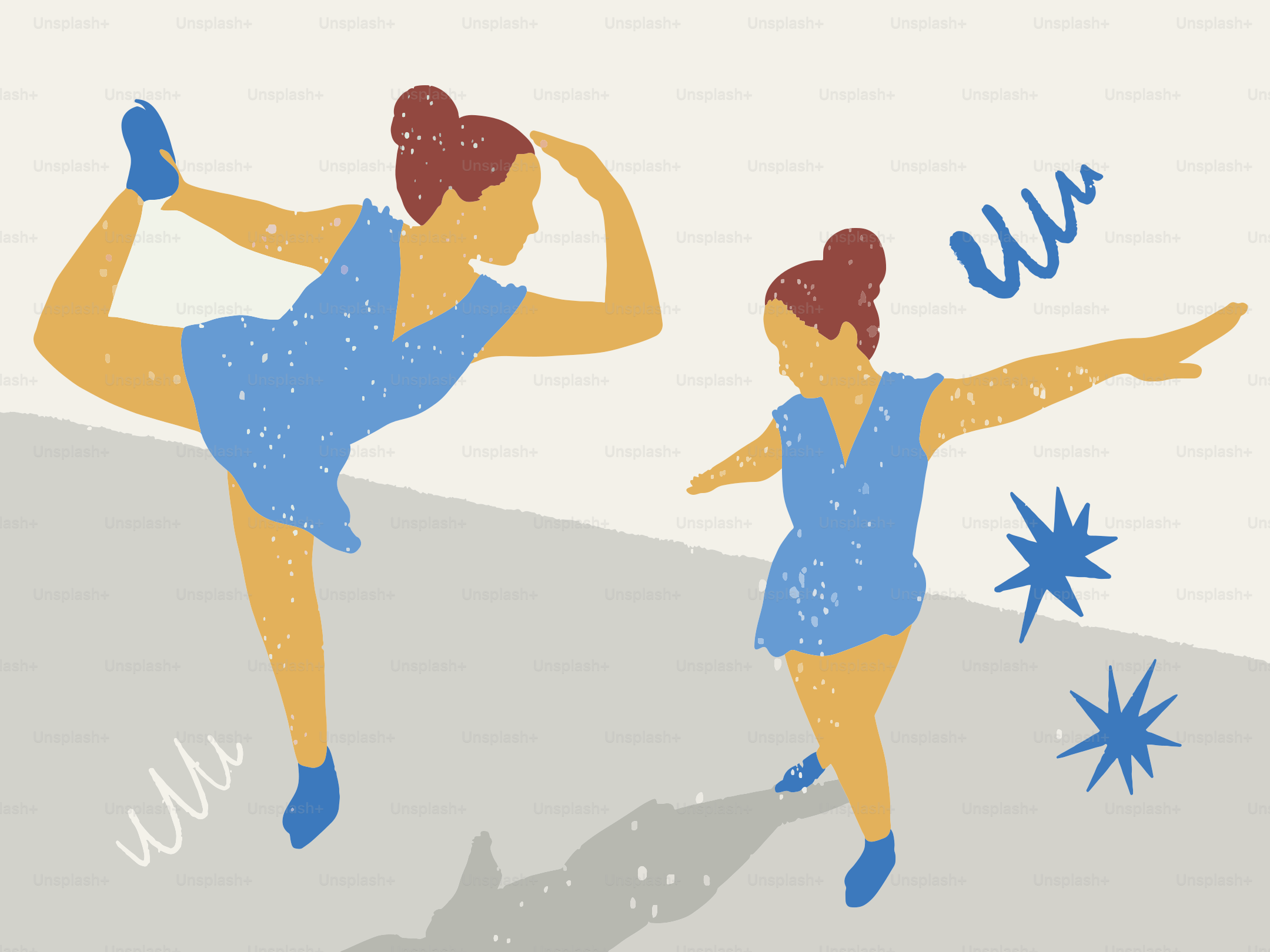 Two dancers in blue dresses performing poses.