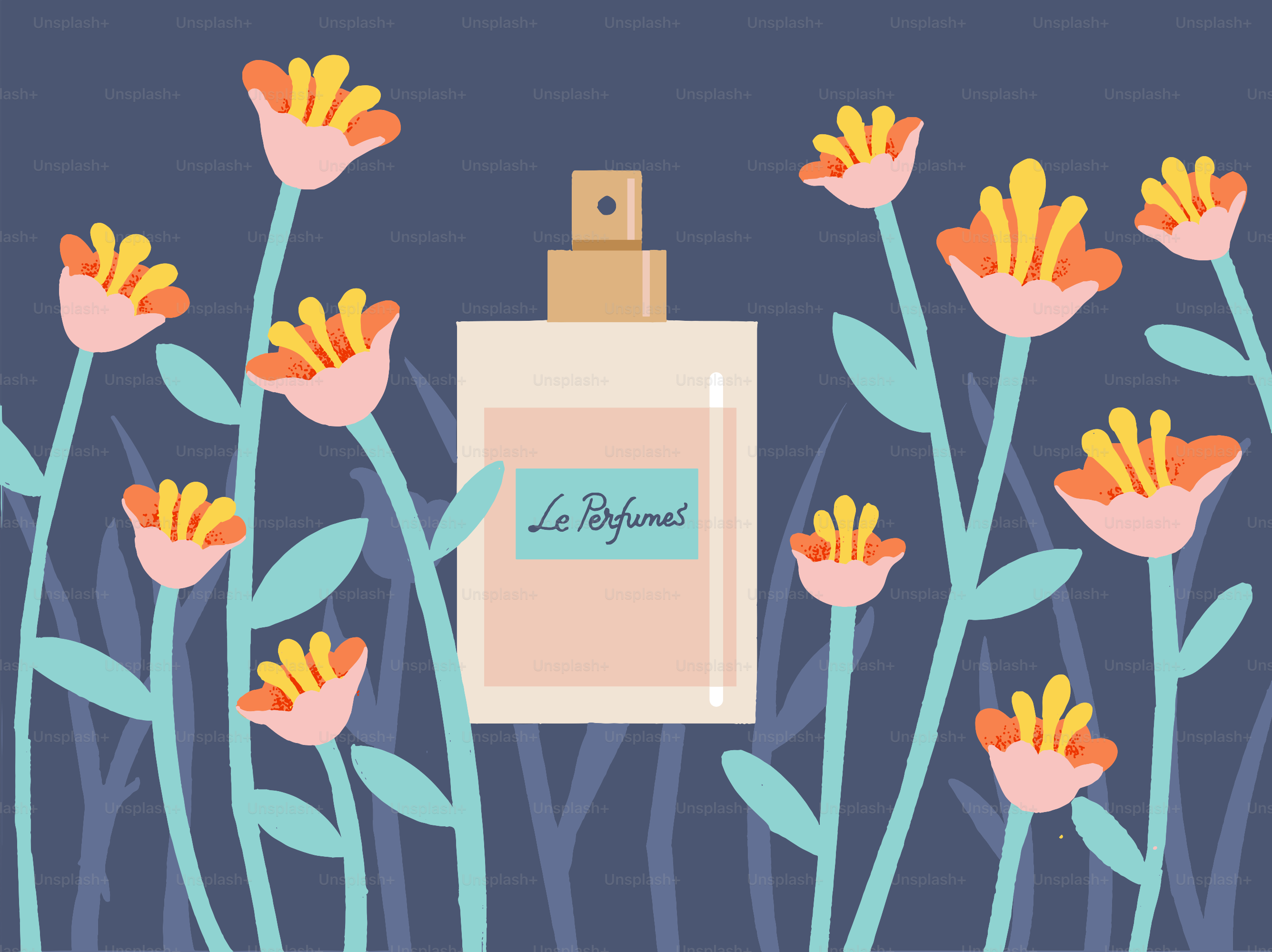 Bouteille de parfum entourée de fleurs stylisées