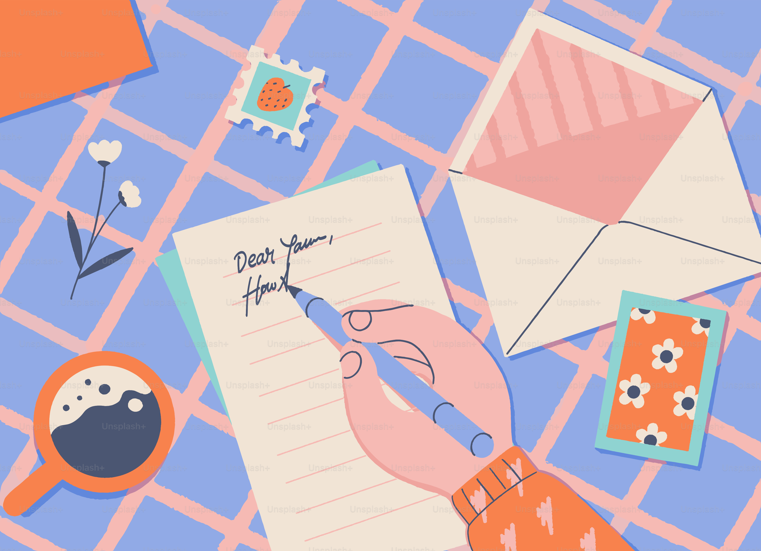 Hand writing a letter with coffee and stamp