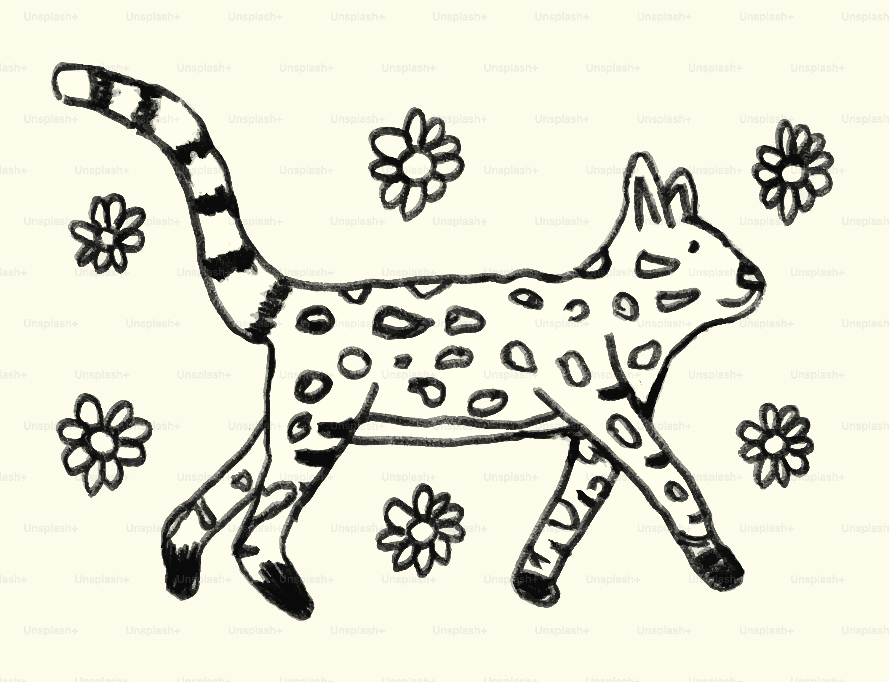 花を咲かせた斑点のある猫のスタイライズされた絵