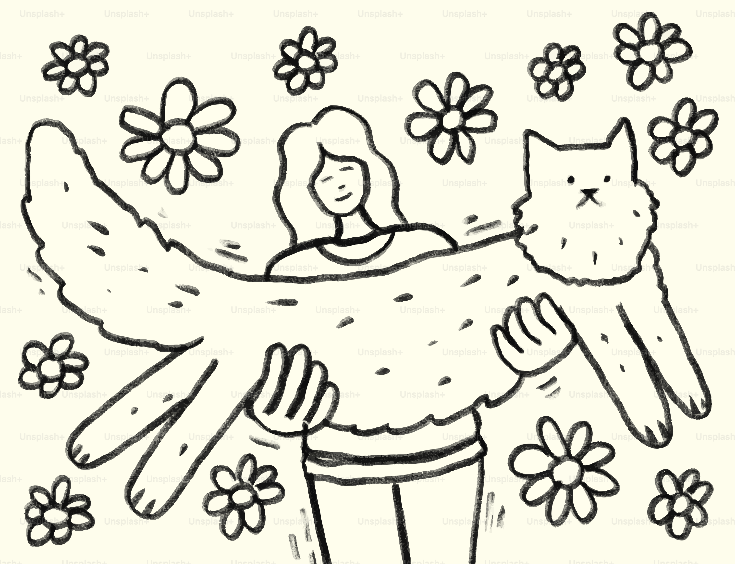 Woman holding a very long cat surrounded by flowers