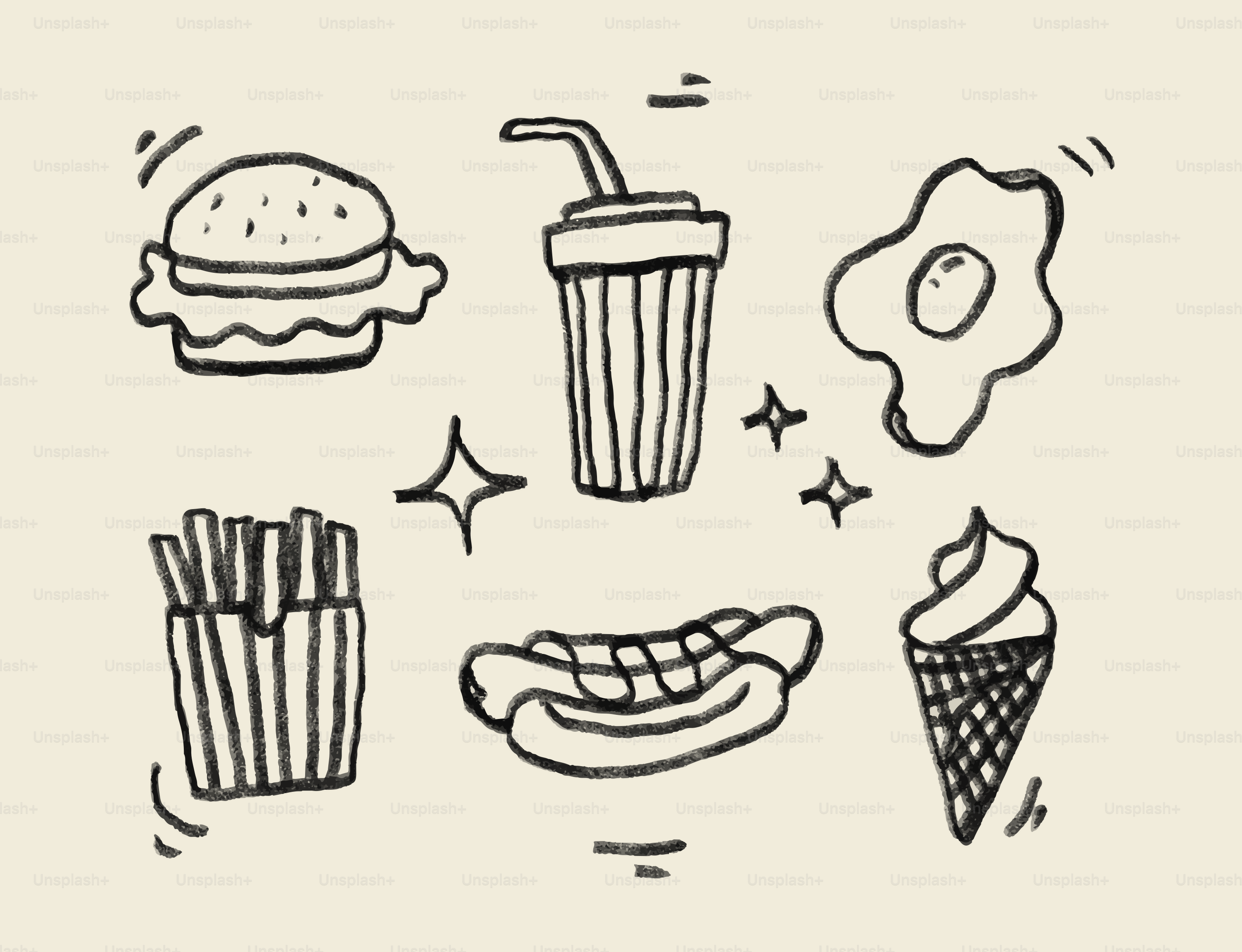 Doodle of fast food items including burger, fries, and soda.