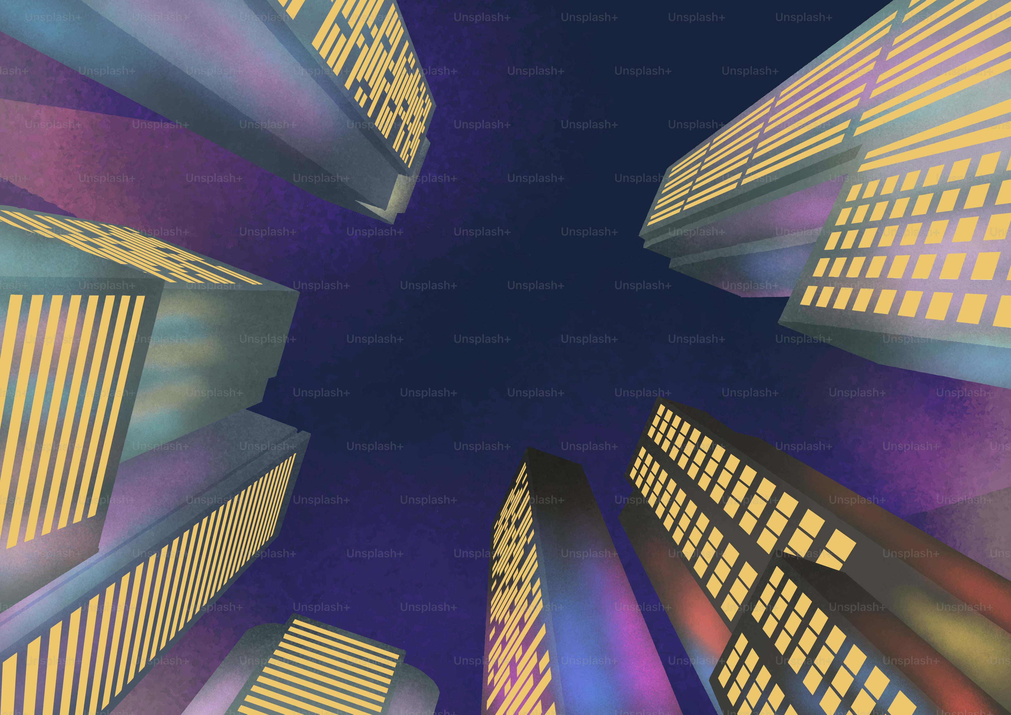 Looking up at illuminated skyscrapers against night sky