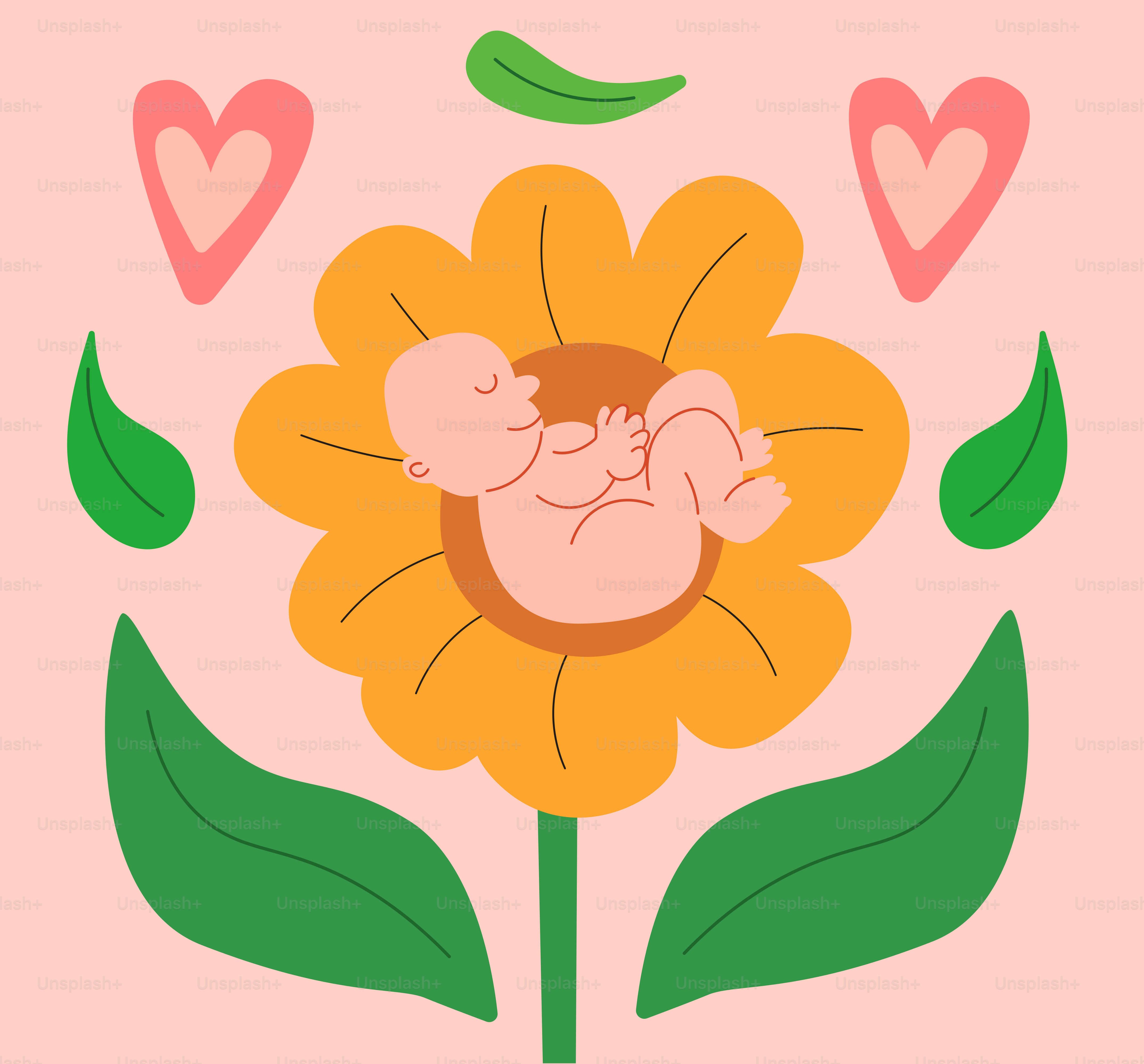 Bebé durmiendo en una flor con corazones y hojas