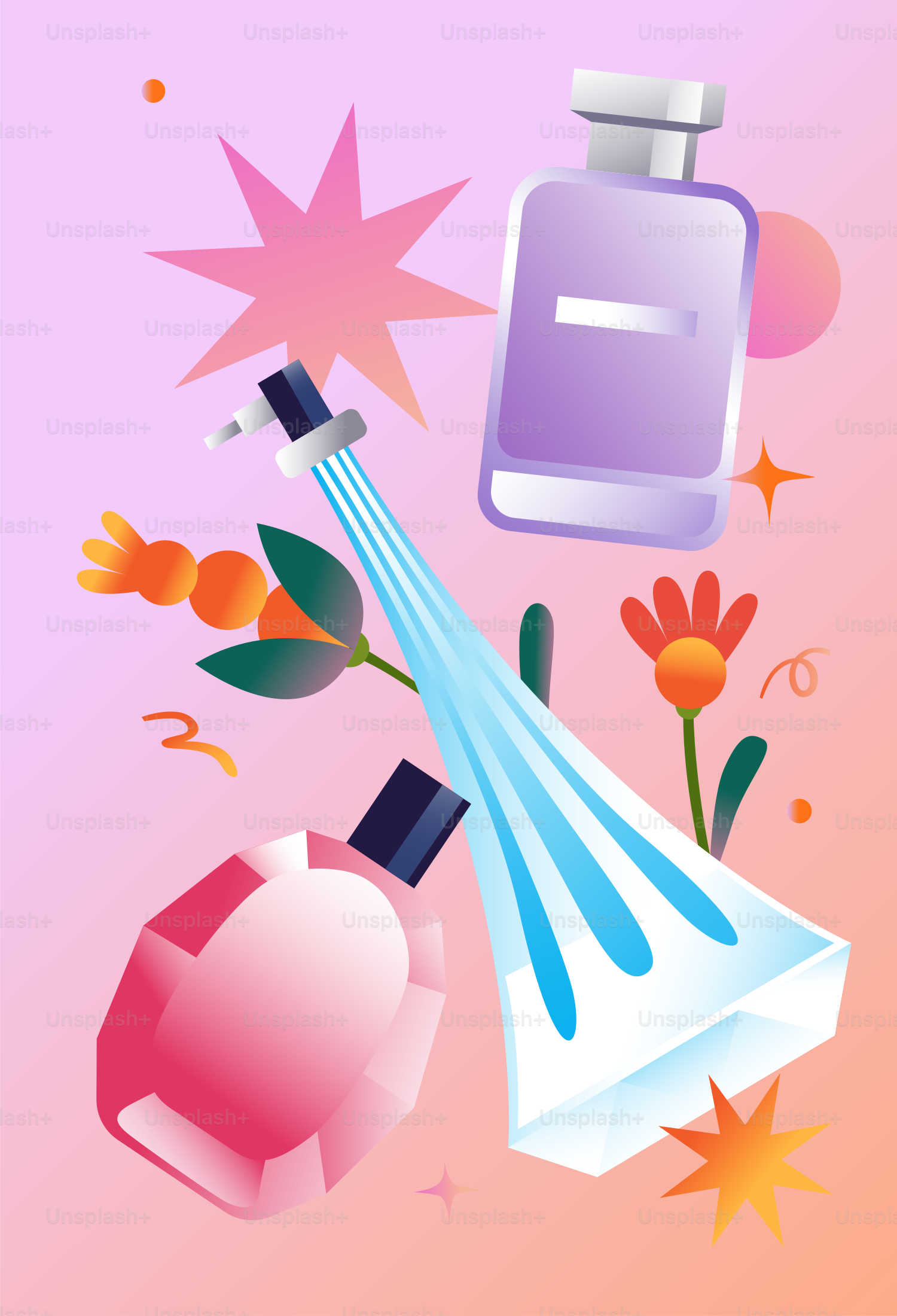 Frascos de perfume com spray e detalhes florais