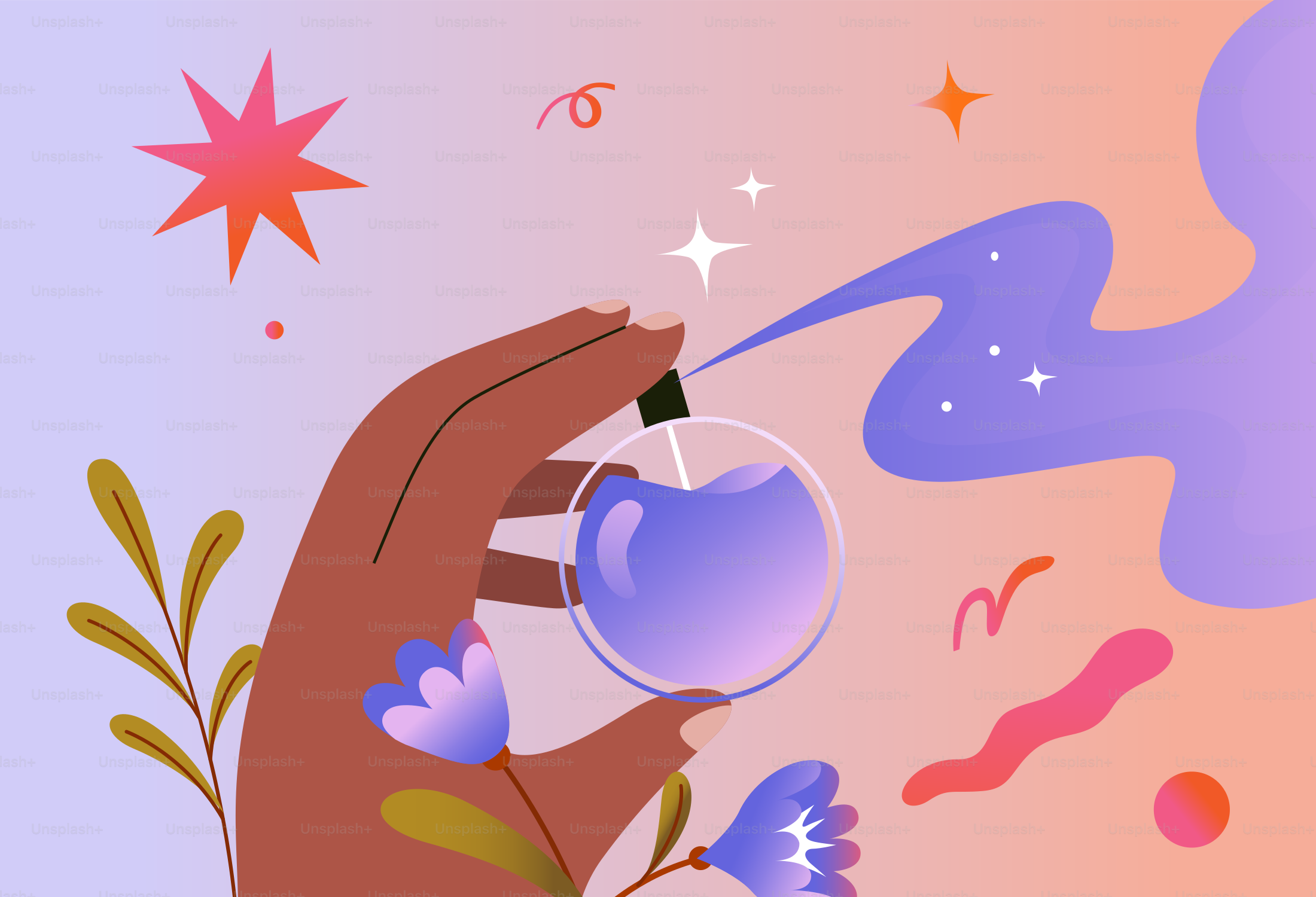 Hand holding perfume bottle spraying purple mist