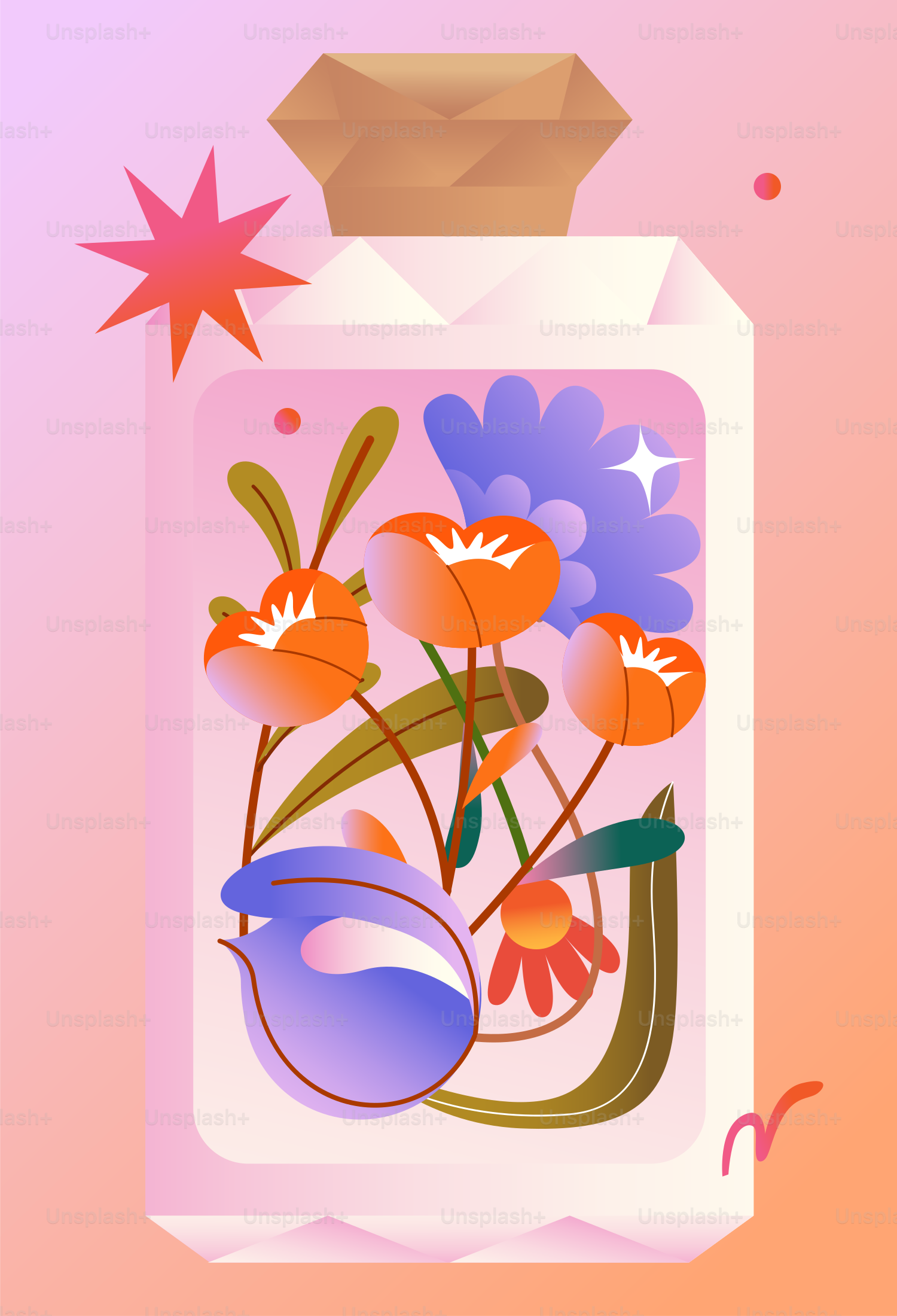 A perfume bottle filled with colorful abstract flowers and leaves