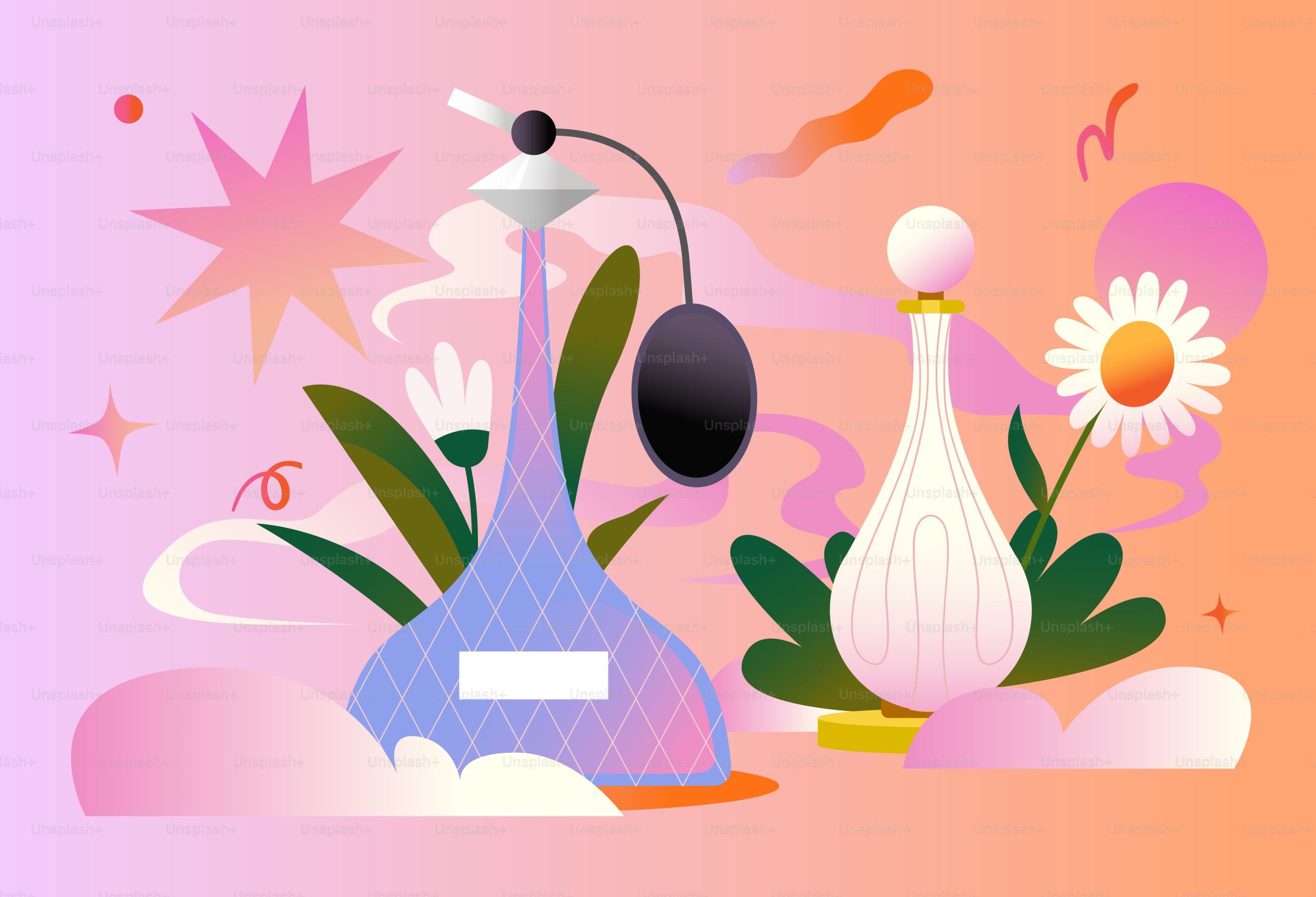 Two decorative perfume bottles with floral elements.