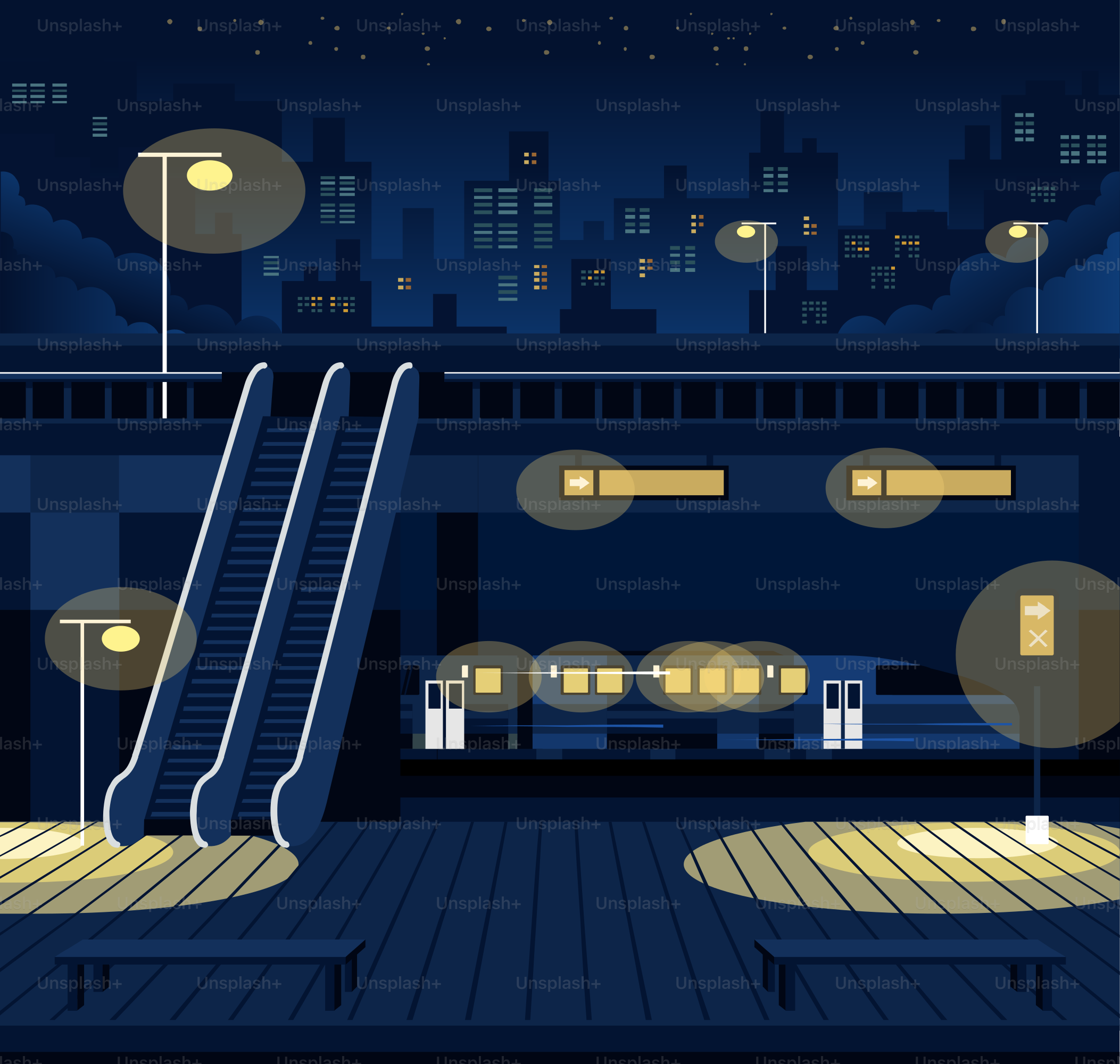 Nighttime cityscape with illuminated escalators and train station.