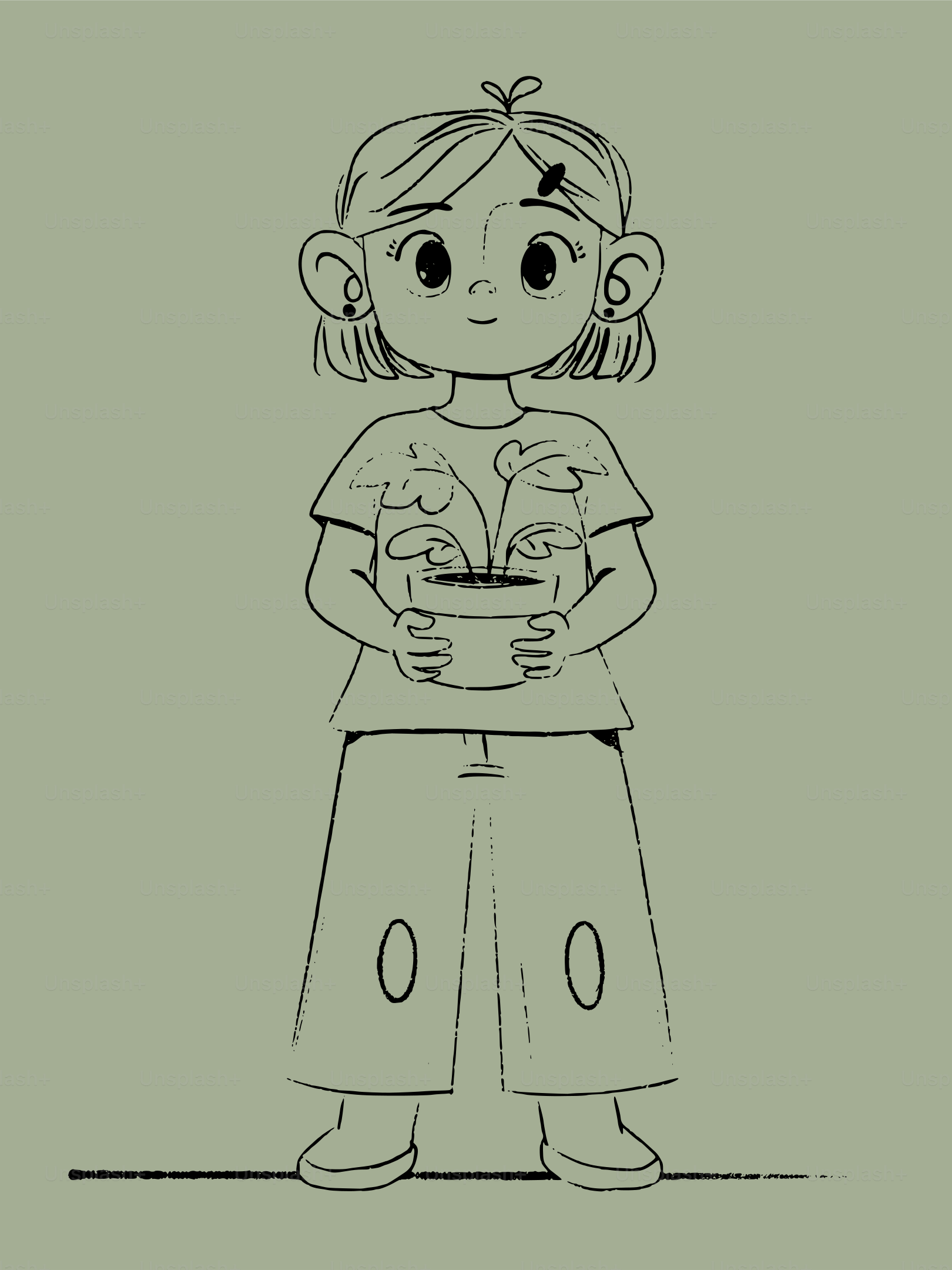 A stylized drawing of a person holding a potted plant.