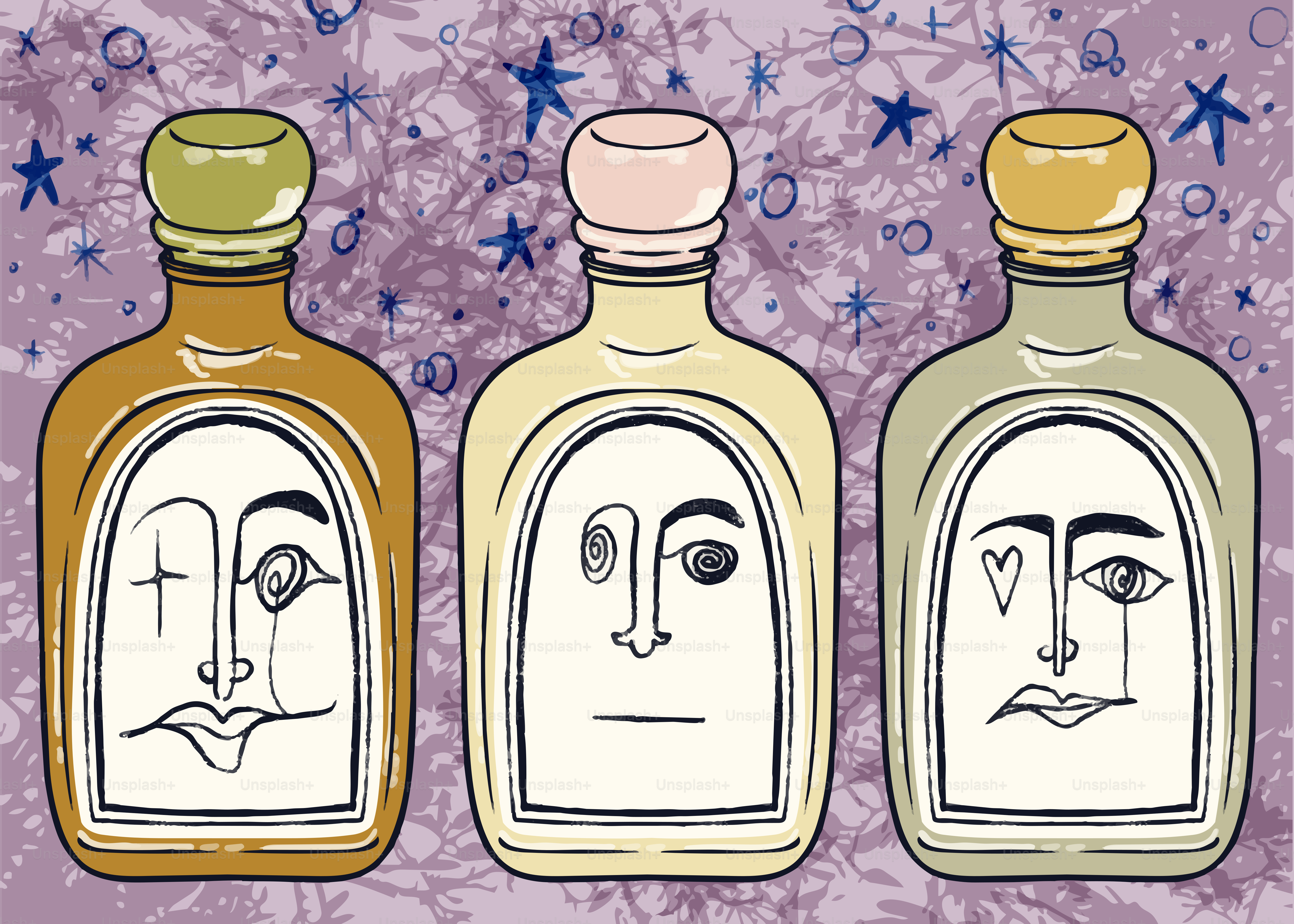 Trois bouteilles avec des visages abstraits sur les étiquettes