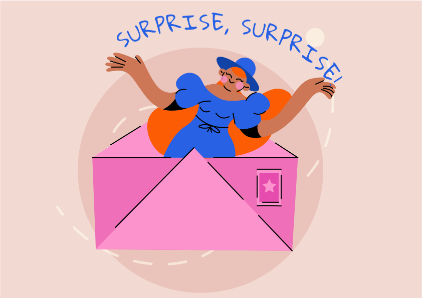 Woman emerging from a pink envelope with "surprise, surprise!" text.