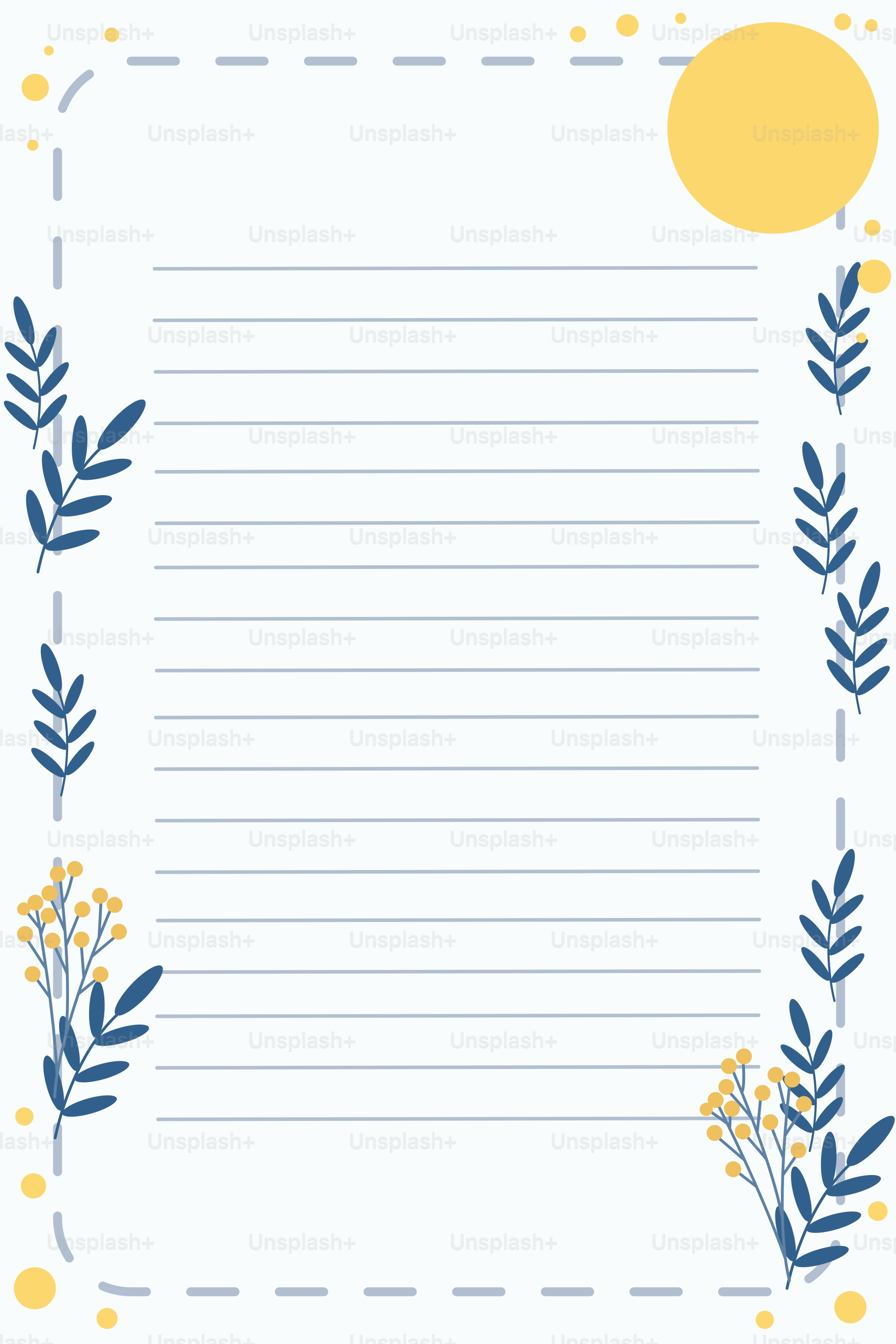 Lined paper with blue floral border and yellow accents