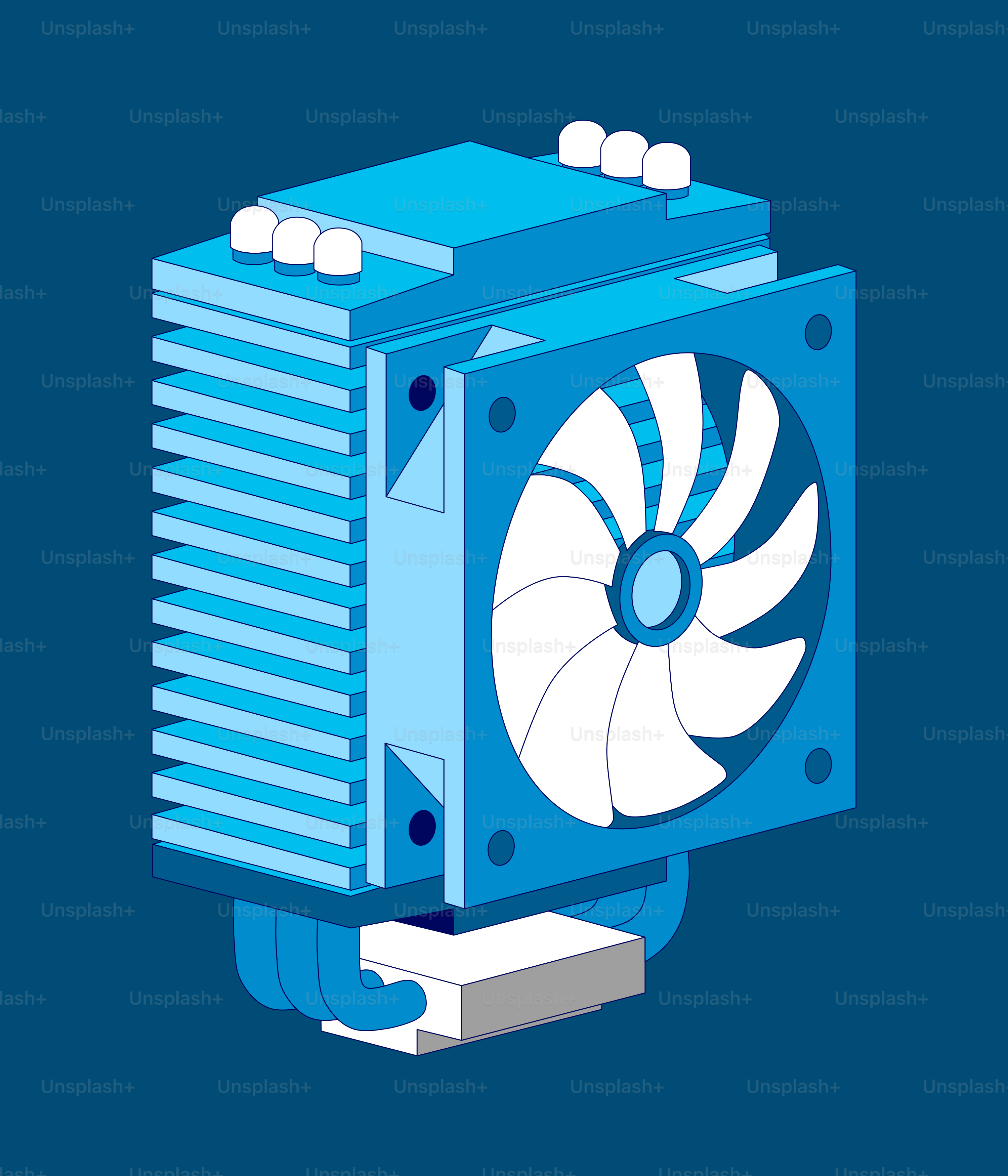 Blue computer cpu cooler with fan on dark background