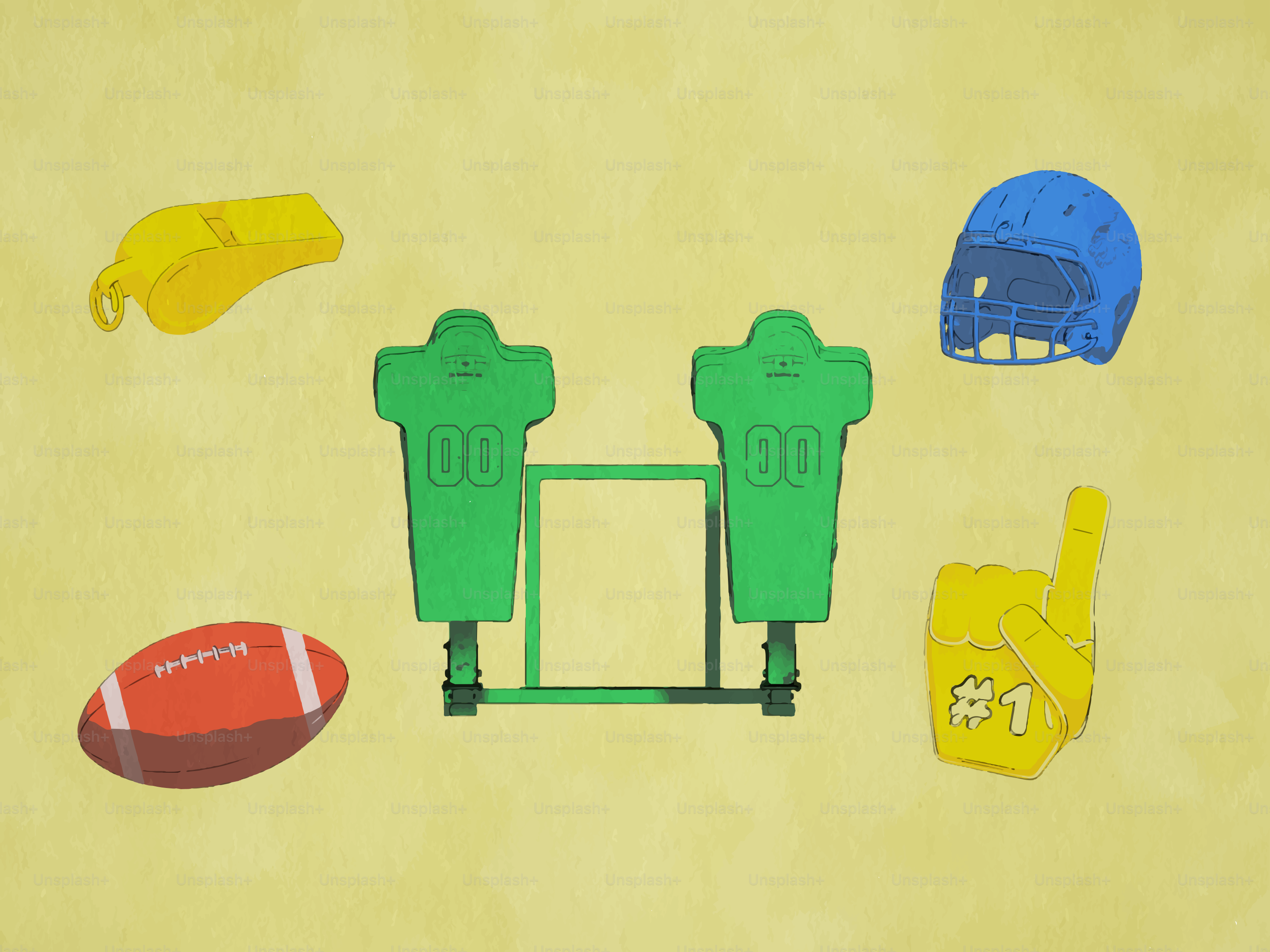 American football equipment arranged on a yellow background.