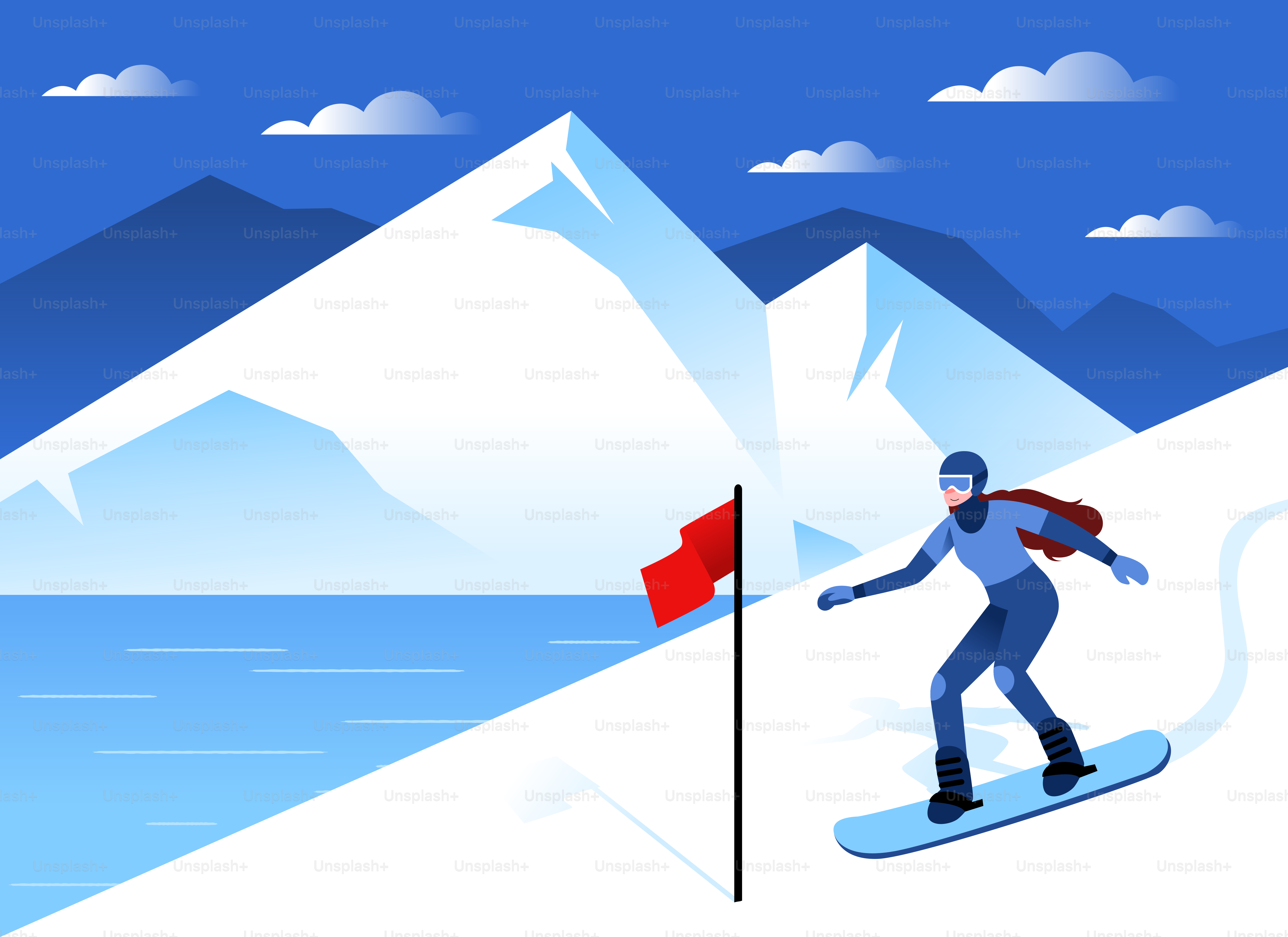 Snowboarder descends a snowy mountain slope with flag.