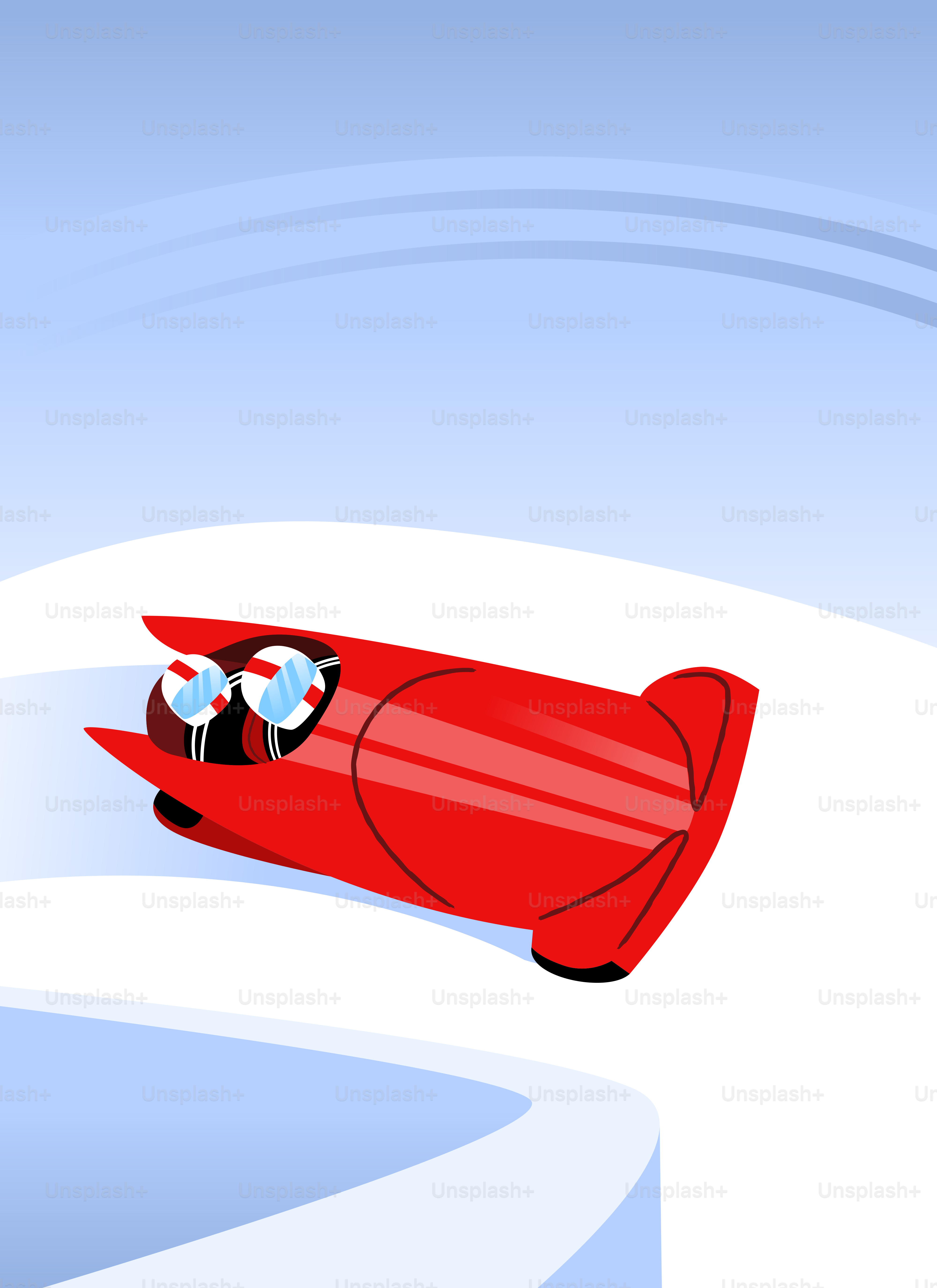 Two people in a red bobsled on a snowy track