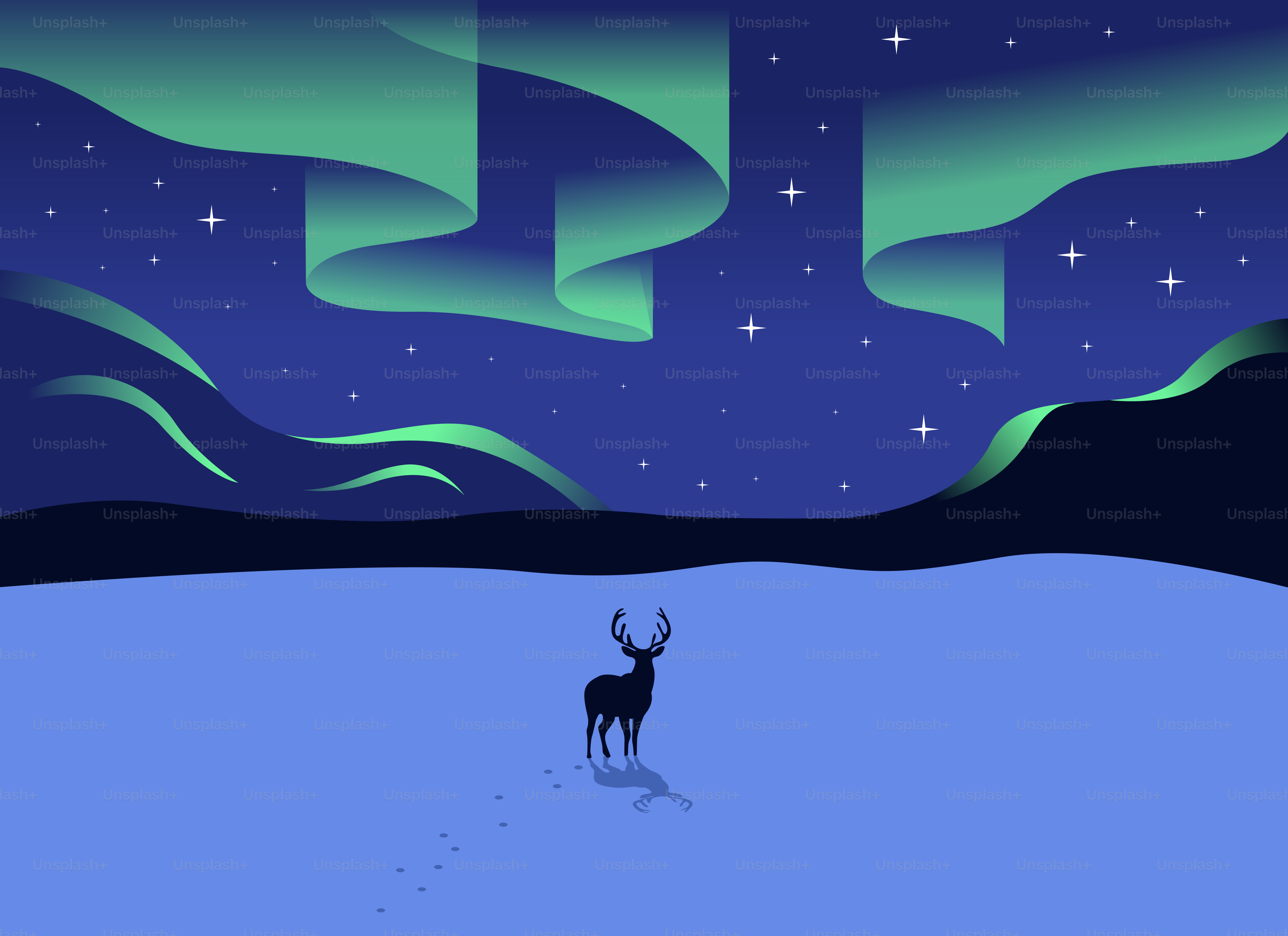 Deer stands in snowy field under aurora borealis