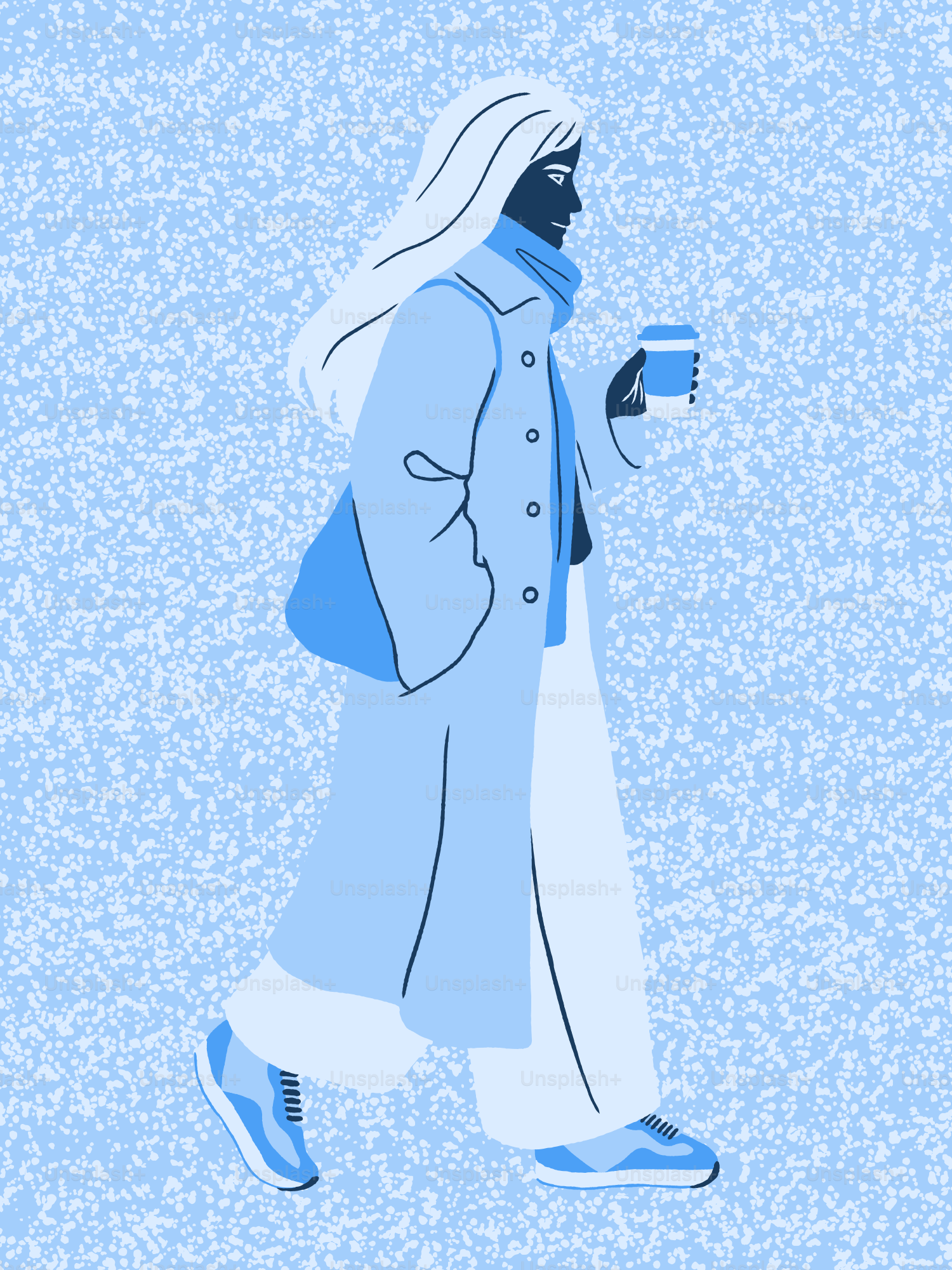 Woman in a light blue coat holding coffee cup