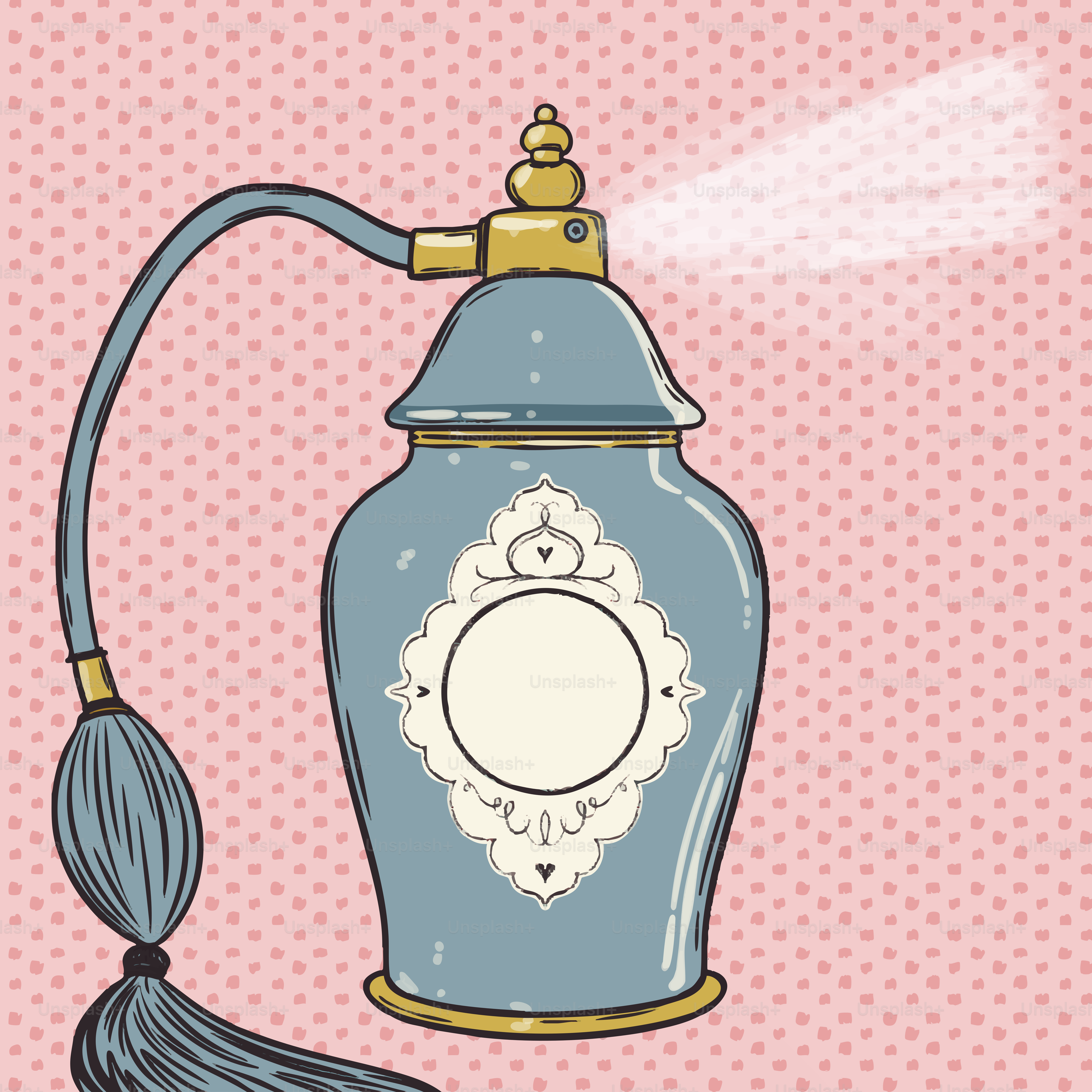 Vintage perfume bottle spraying mist on pink background.
