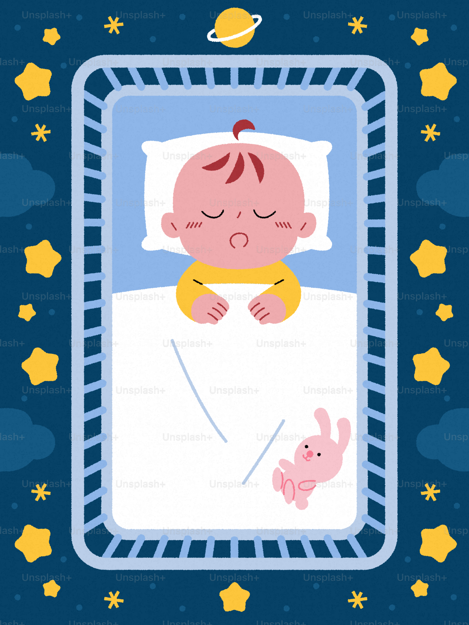 Um bebê dorme tranquilamente em um berço com estrelas
