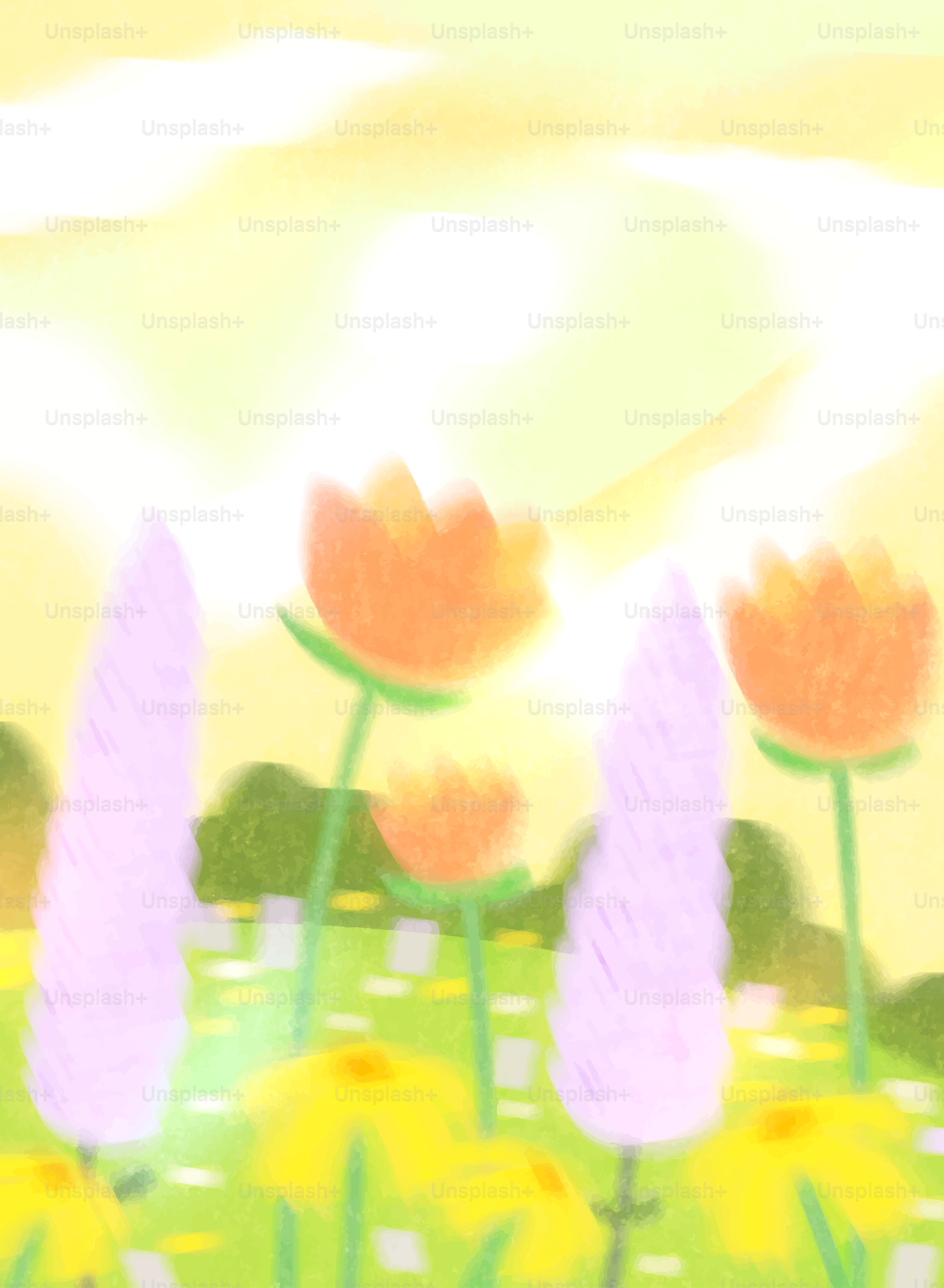 A field of colorful flowers under a bright sky