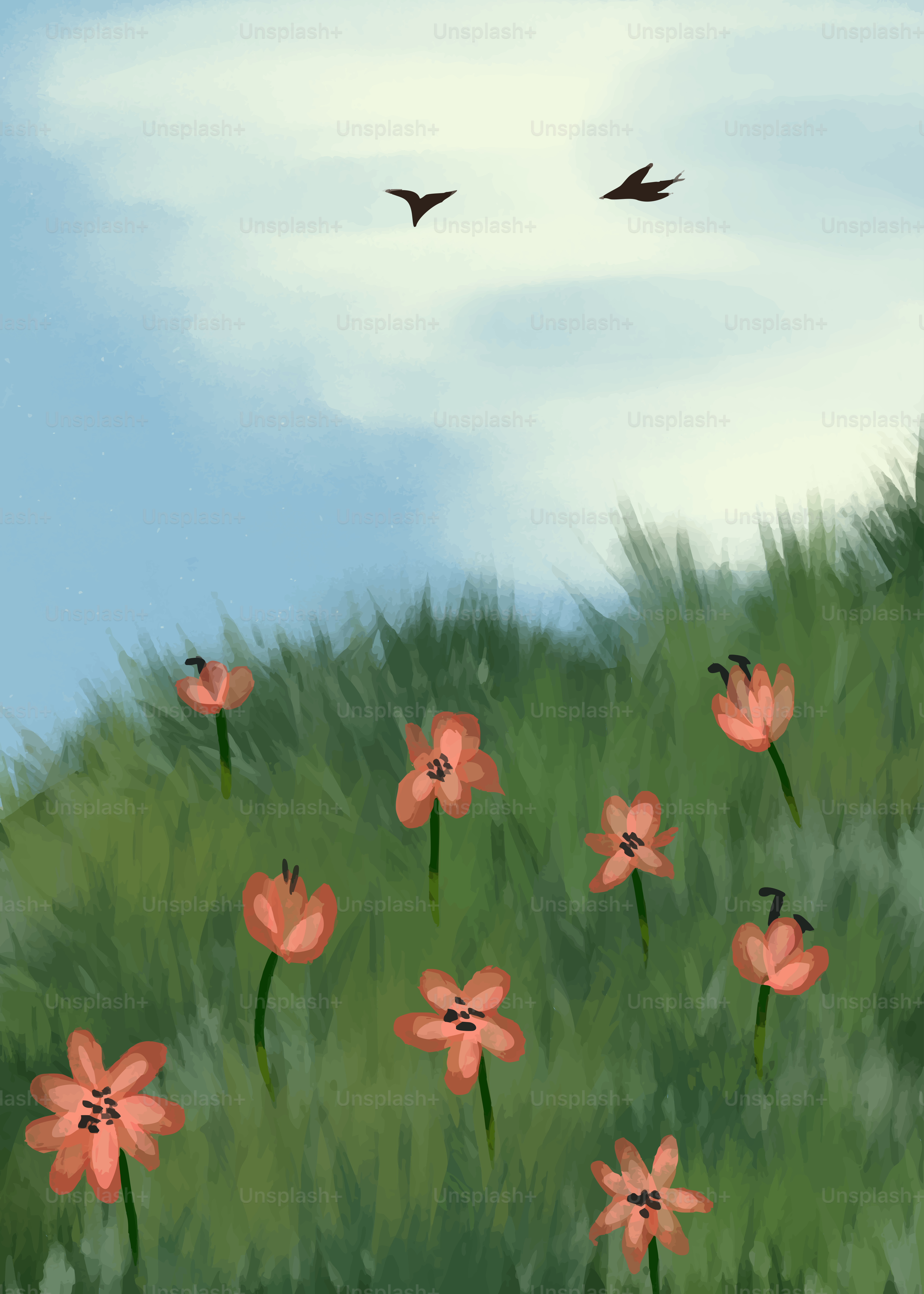 Field of red flowers under a blue sky