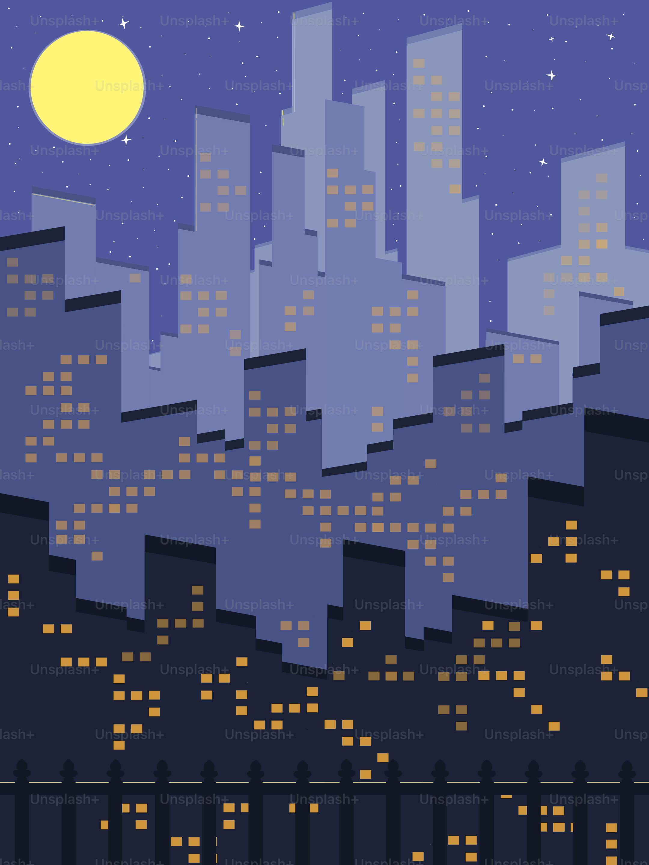 Paisaje urbano estilizado por la noche con luna llena