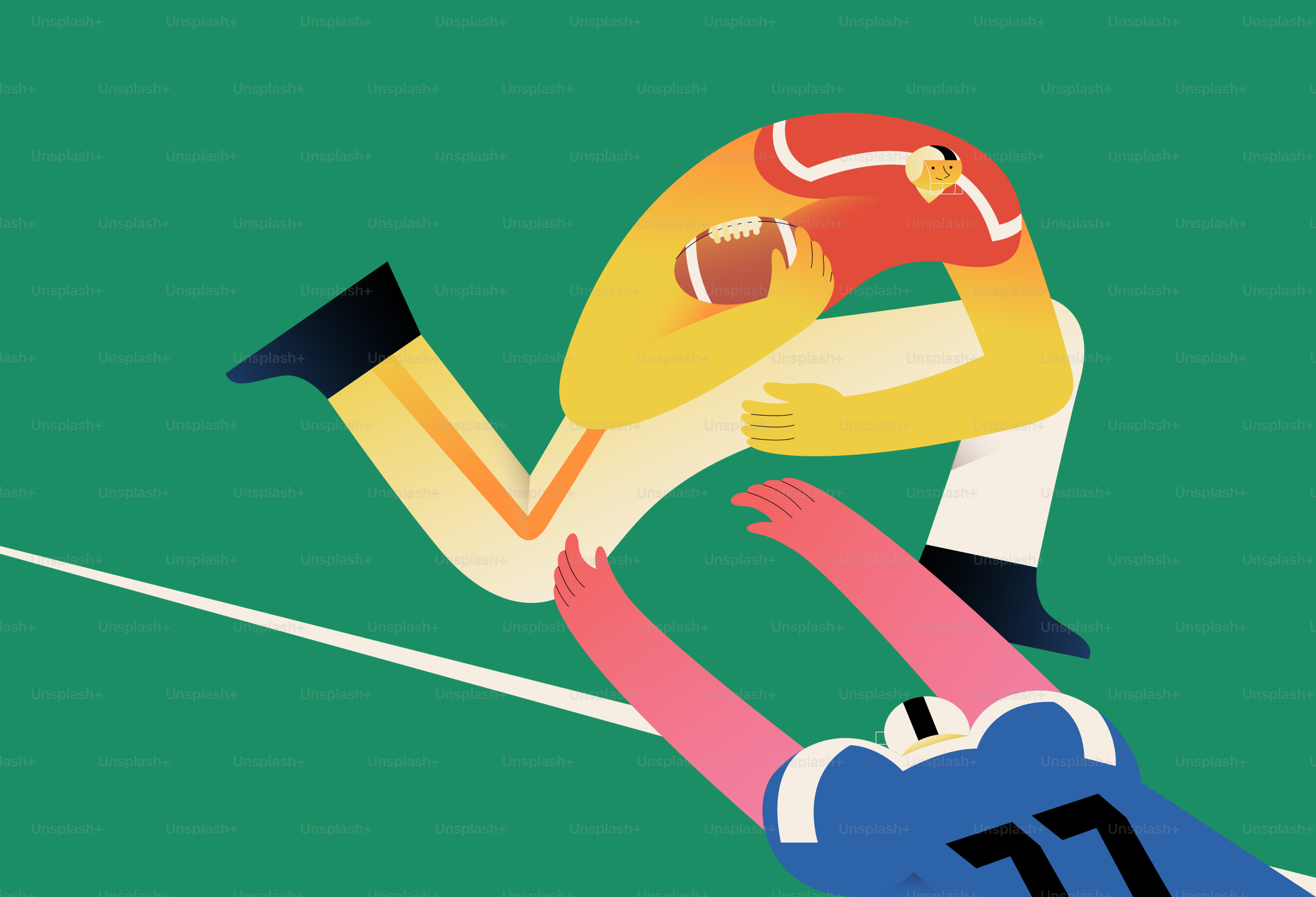 Football player running with ball, tackled by opponent.