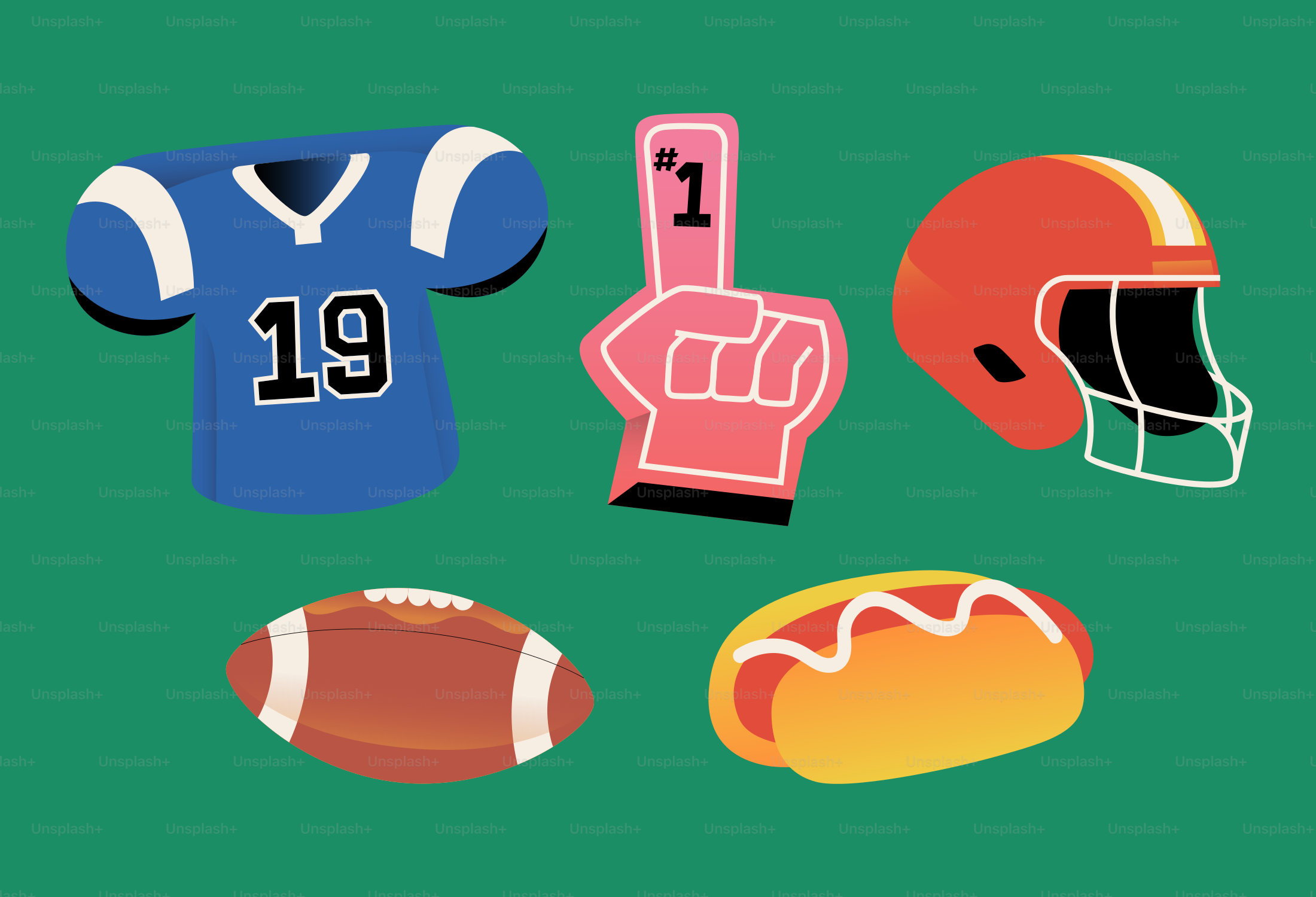 American football gear and snacks on green background
