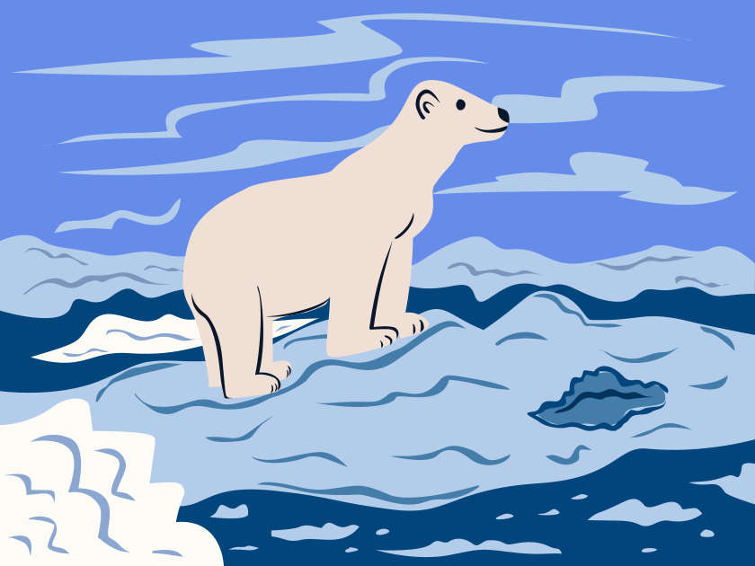 Polar bear standing on ice floes under a cloudy sky.