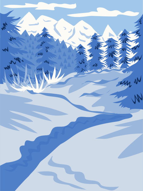 Snowy forest landscape with mountains and a stream