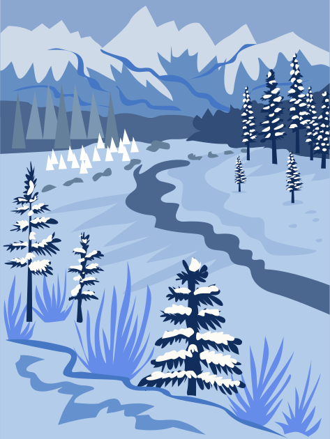 Snow-covered trees line a winding river through mountains.