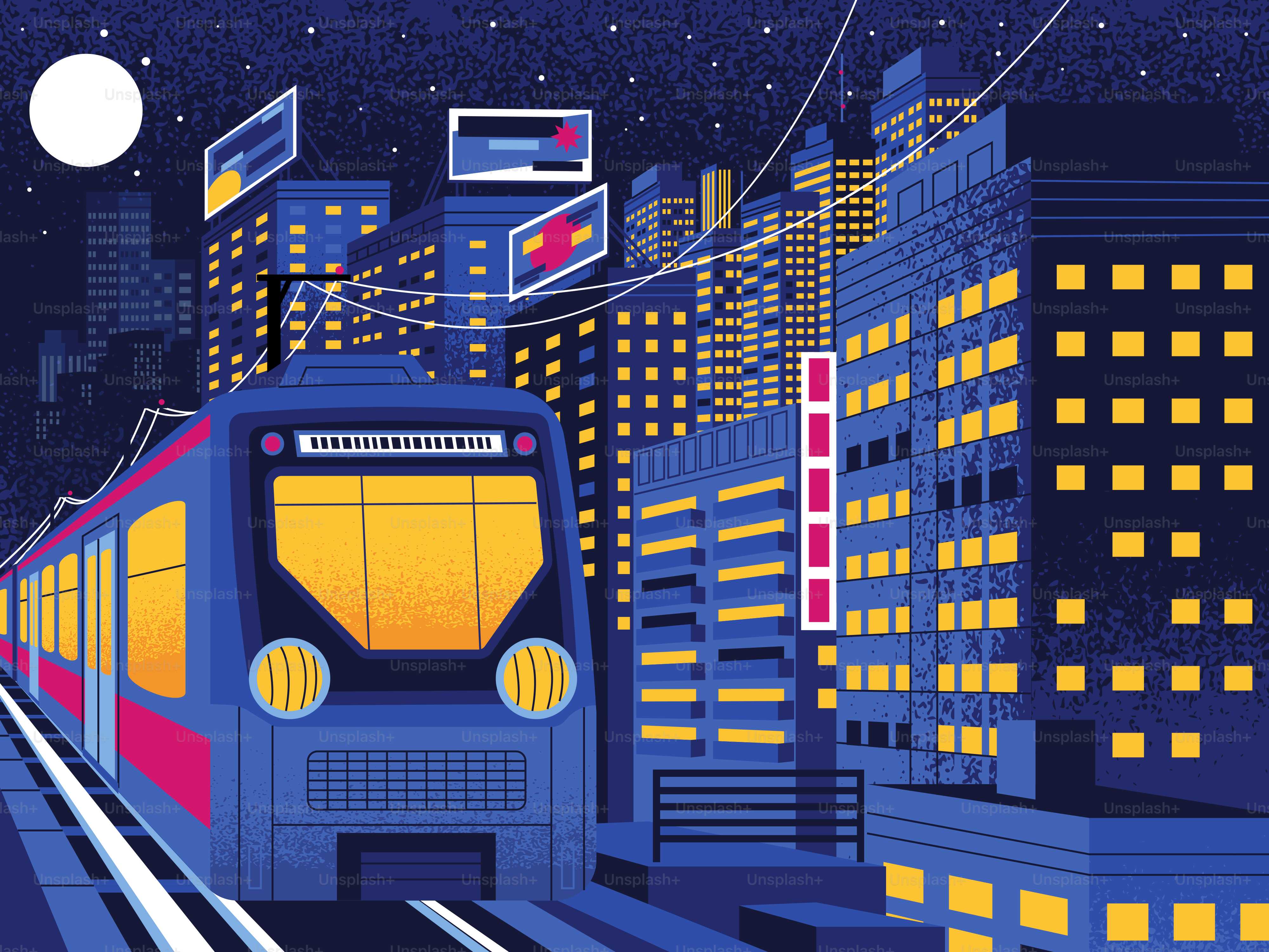 Un treno attraversa una città di notte.
