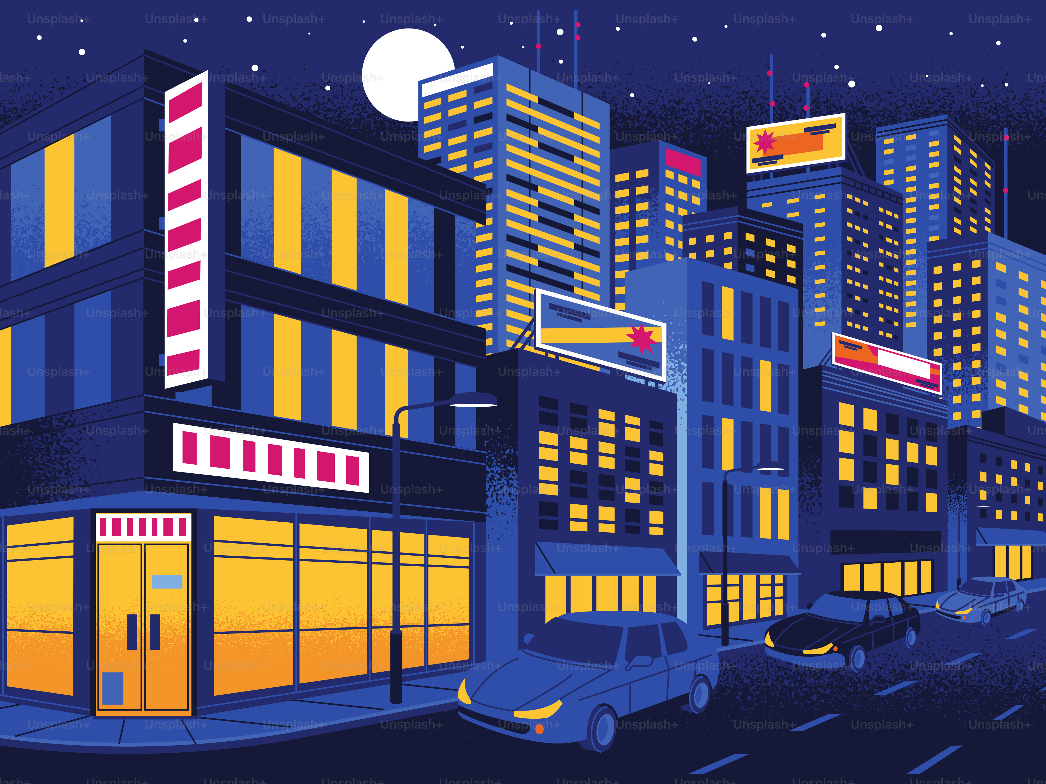 Paisaje urbano estilizado de noche con edificios y coches iluminados.